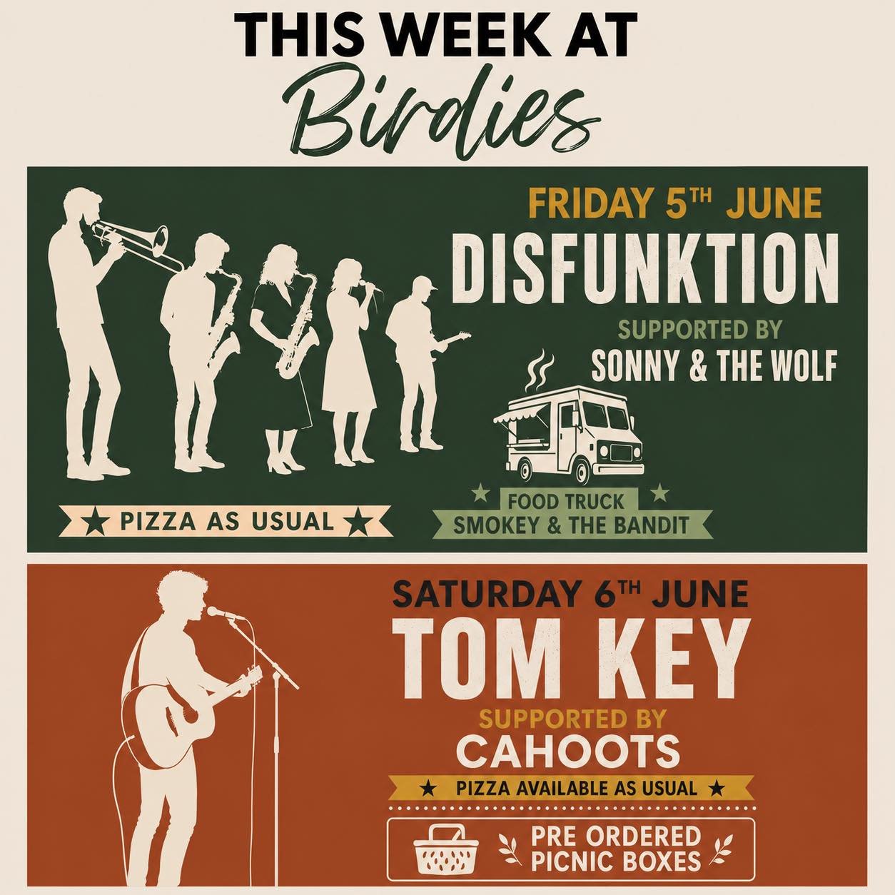 🎶 LIVE MUSIC THIS WEEKEND AT BIRDIES 

Two nights of live music, great food and hopefully another beautiful summer weekend.

Friday 5th June
🎷 Disfunktion
🎸 Supported by Sonny &amp; The Wolf
🌮 Smokey &amp; The Bandit food truck
🍕 Stone baked piz