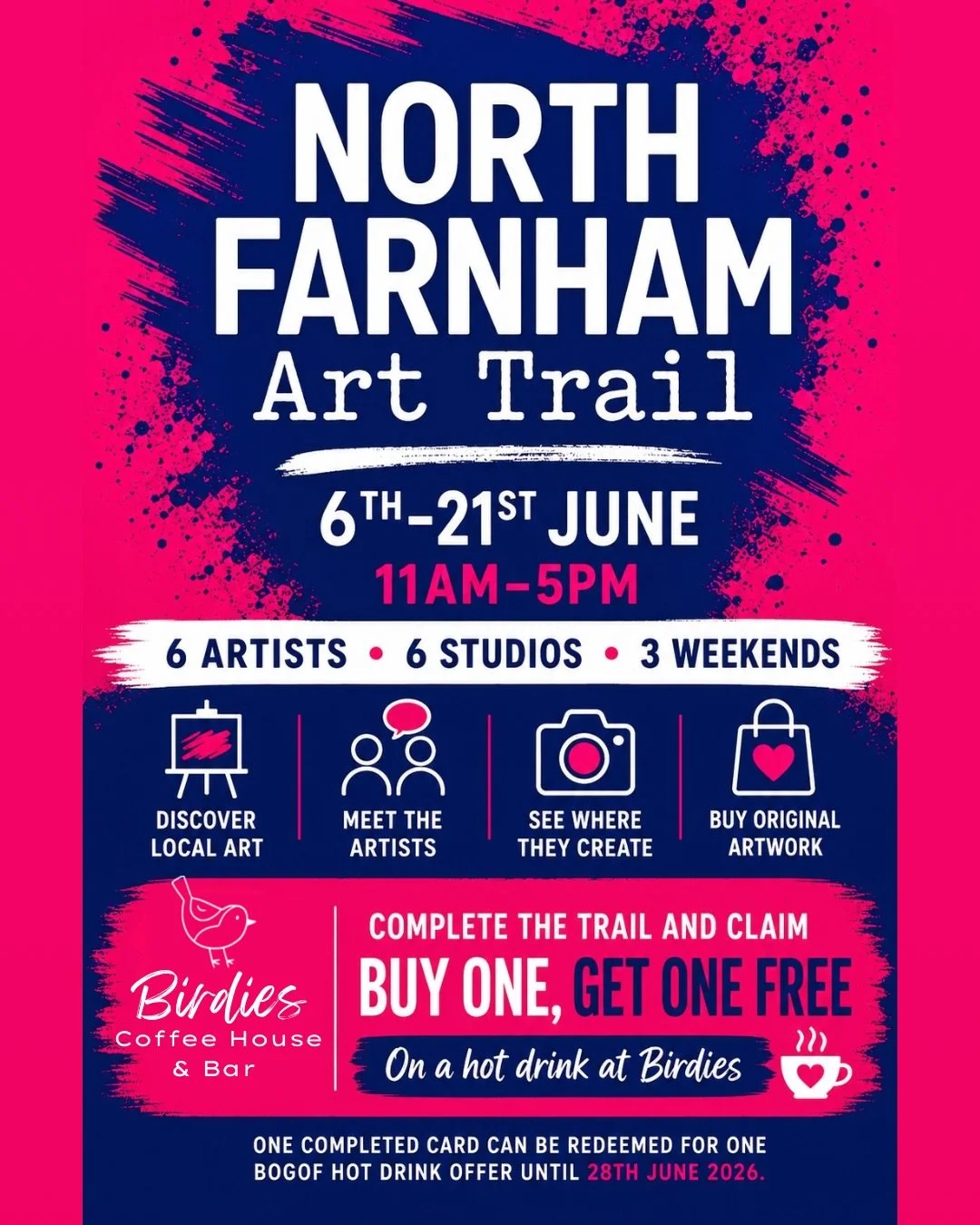🎨 NORTH FARNHAM ART TRAIL 🎨

The North Farnham Art Trail returns this June as part of Surrey Artists Open Studios.

Over three weekends, six local artists will be opening their studios and exhibition spaces, giving you the chance to explore paintin