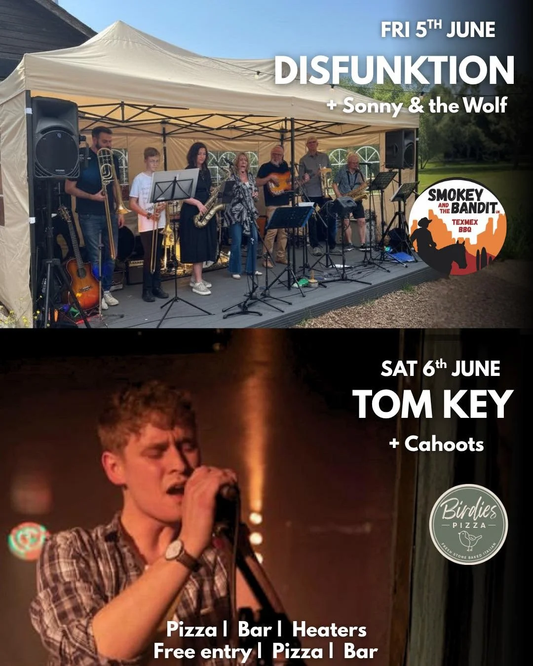 🎶 LIVE MUSIC THIS WEEKEND AT BIRDIES 

Two nights of live music, great food and good company await this weekend at Birdies.

🔥 Friday
🎷 Disfunktion
🎸 Supported by Sonny &amp; The Wolf
🌮 Smokey &amp; The Bandit food truck 
🍕 Stone baked pizza fr