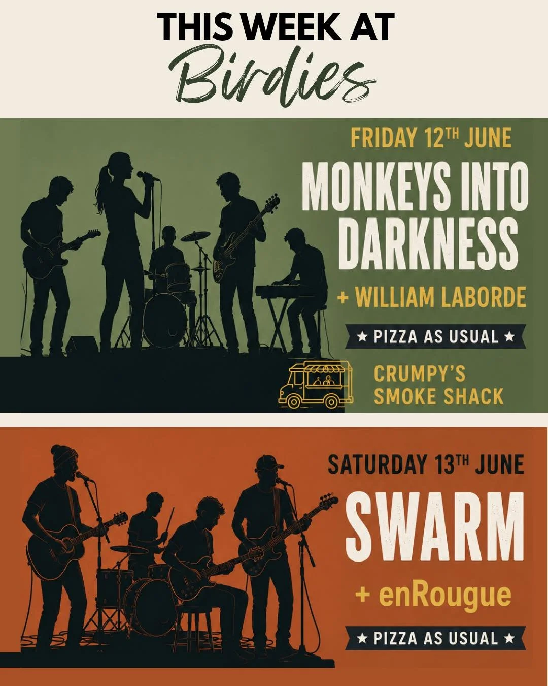 This week at Birdies 🎶☀️

Sunshine is back on the forecast and we&rsquo;ve got another brilliant weekend of live music lined up.

🎵 Friday 12th June
Monkeys Into Darkness + William Laborde
🍔 Crumpy&rsquo;s Smoke Shack
🍕 Fresh stone baked pizzas

