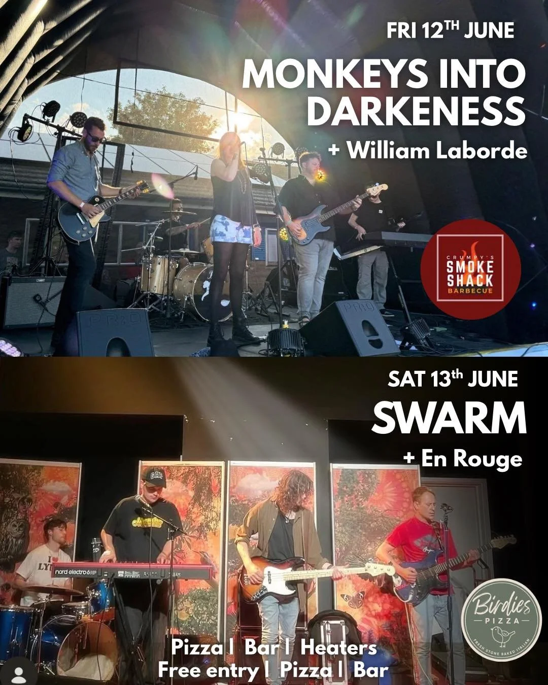 This weekend at Birdies 🎶☀️

The forecast is looking good, the pizzas will be flying out of the trailer and we&rsquo;ve got two brilliant nights of live music lined up.

🎵 Friday 12th June
Monkeys Into Darkness + William Laborde
🍔 Crumpy&rsquo;s S