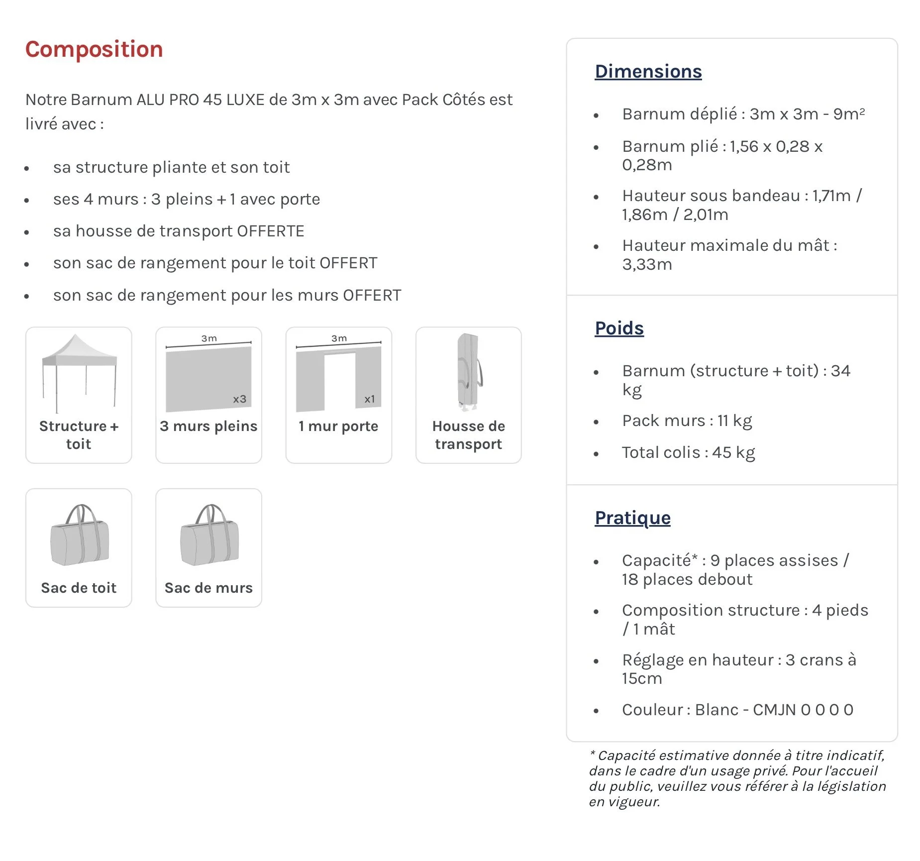 Tableau décrivant la composition d'une tente en aluminium appelée Barnum ALU PRO 45 LUXE, avec ses dimensions, poids, éléments inclus comme la structure, les murs, le sac de transport, et détails techniques sur la hauteur, la couleur et la fixation.