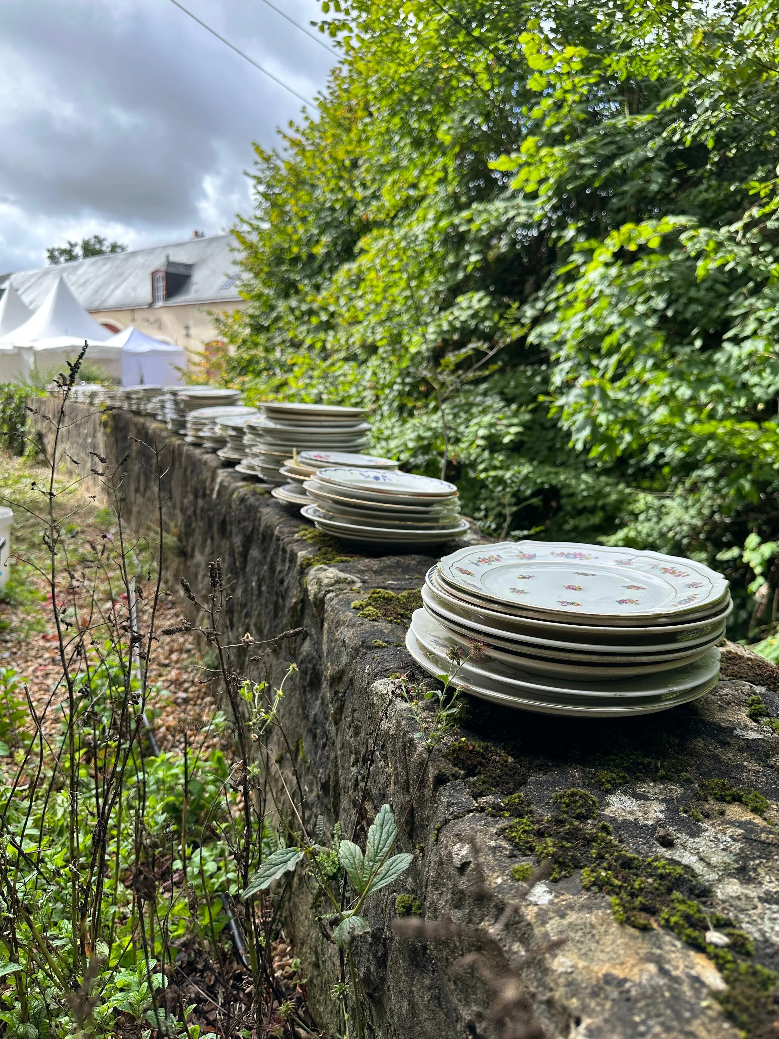 Assiette en porcelaine empilées sur un muret en pierre couvert de mousse, dans un jardin avec des arbres et un bâtiment en arrière-plan.