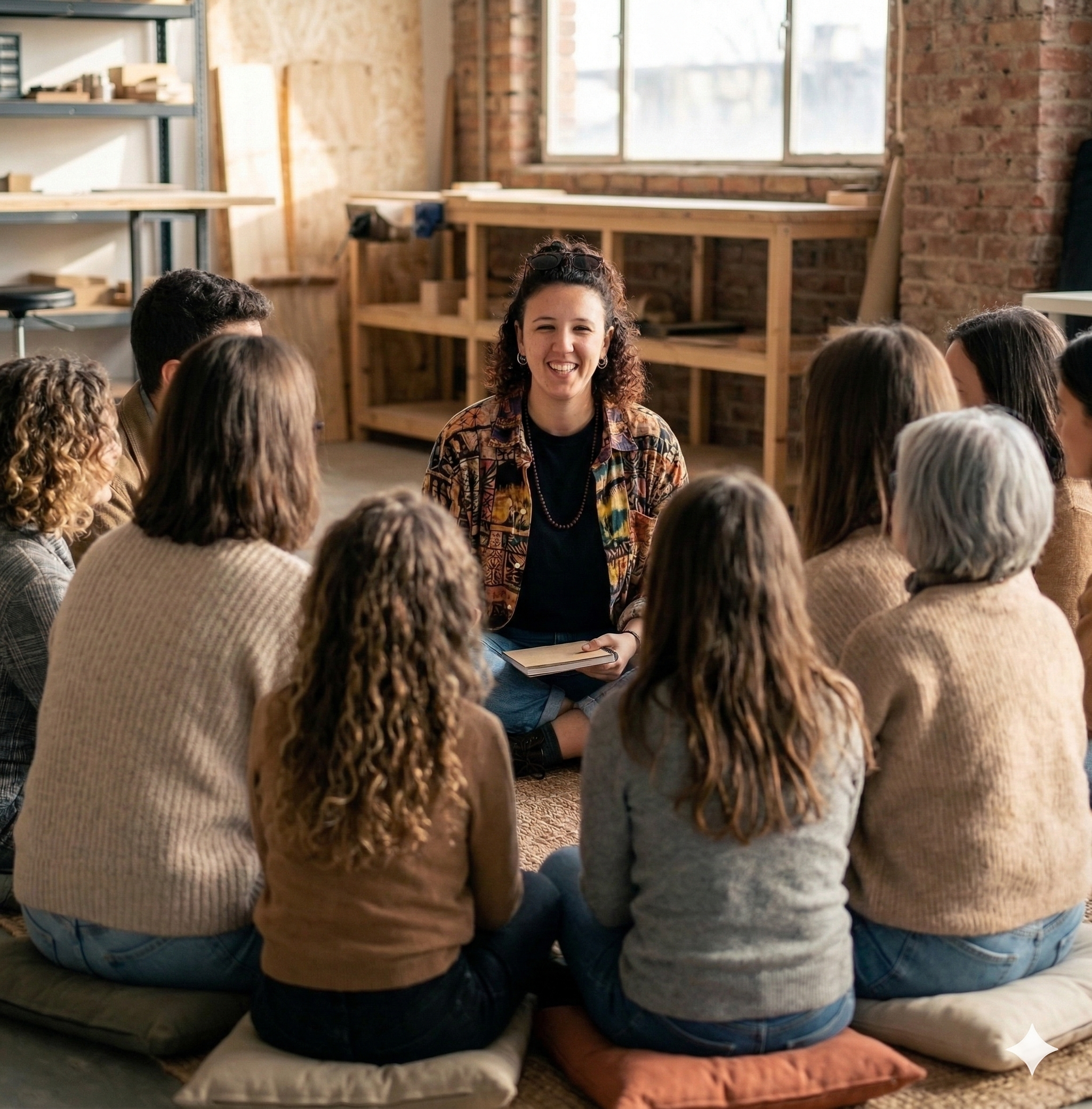 Una donna seduta a terra, circondata da un gruppo di persone, che parla e sorride in un ambiente industriale con pareti di mattoni e scaffali.