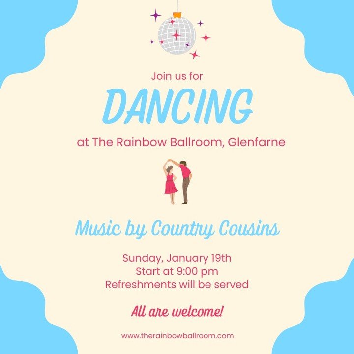 Dancing at The Rainbow Ballroom on Sunday January 19th 9pm to 11pm, the first dance of 2025! With music by County Cousins. All are welcome, refreshments will be served on the night.

.
.
.
#socialdancing #dancing #rainbowballroom #ballroomofromance #