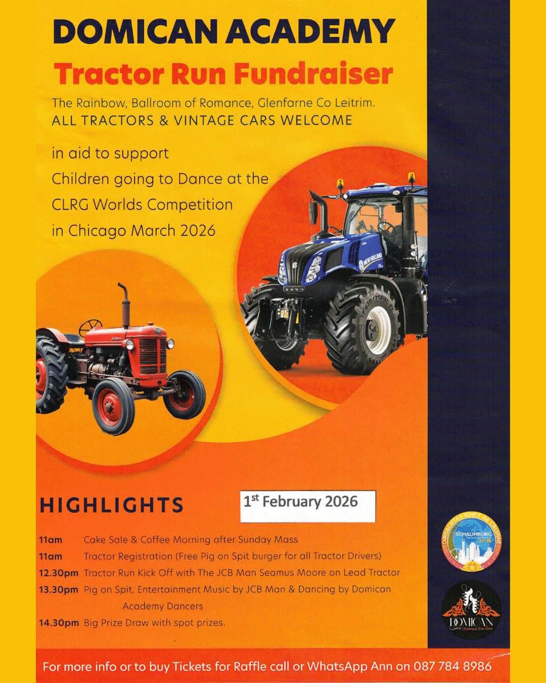 Domican Academy Tractor Run Fundraiser!

Coming up this Sunday, Feb 1st

From The Rainbow Ballroom, Glenfarne, Co Leitrim. All tractors and vintage cars are welcome. Loads of exciting extras with a coffee morning and cake sale following mass, Pig on 