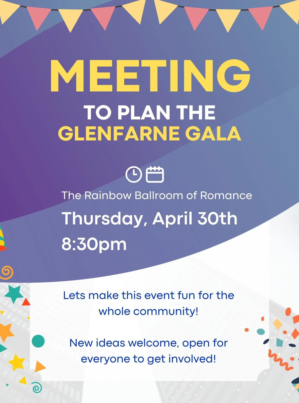 Meeting for planning this years Glenfarne Gala festival. Open to everyone, we're so looking forward to making this year the best one yet and hope to see some new faces! Everyone's welcome to share their ideas.

This Thursday, April 30th
8:30pm
The Ra