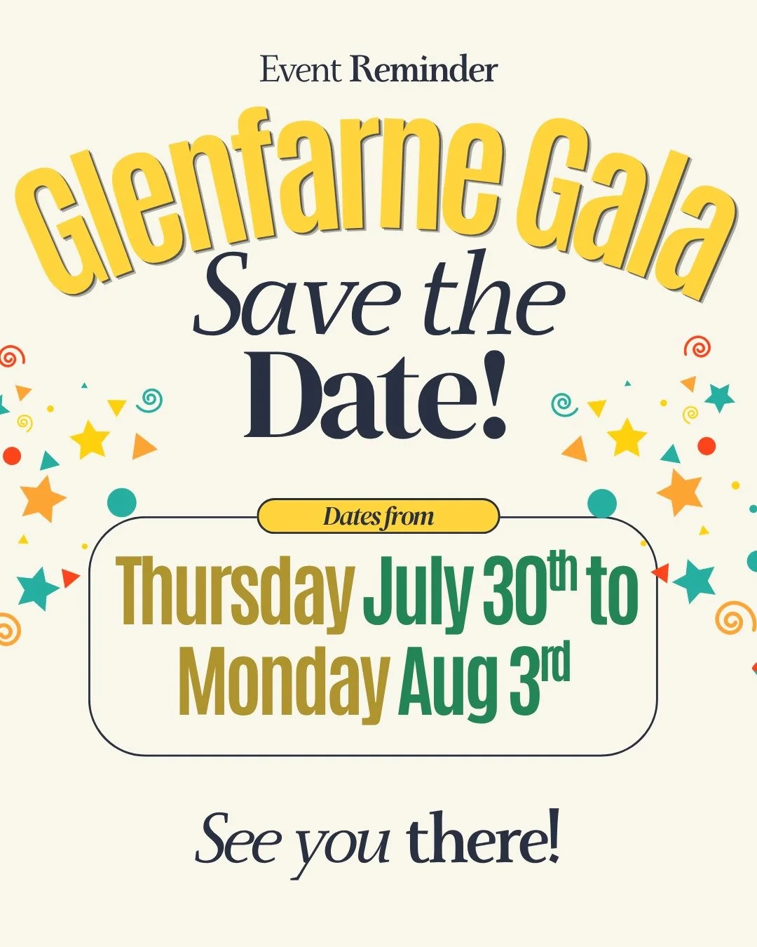 Meeting to plan the gala on tonight!! Everyone welcome to share ideas 💛

So excited for this years annual Glenfarne Gala, taking place over the August bank holiday weekend.
Remember to keep the dates free for a weekend full of fun together as a comm