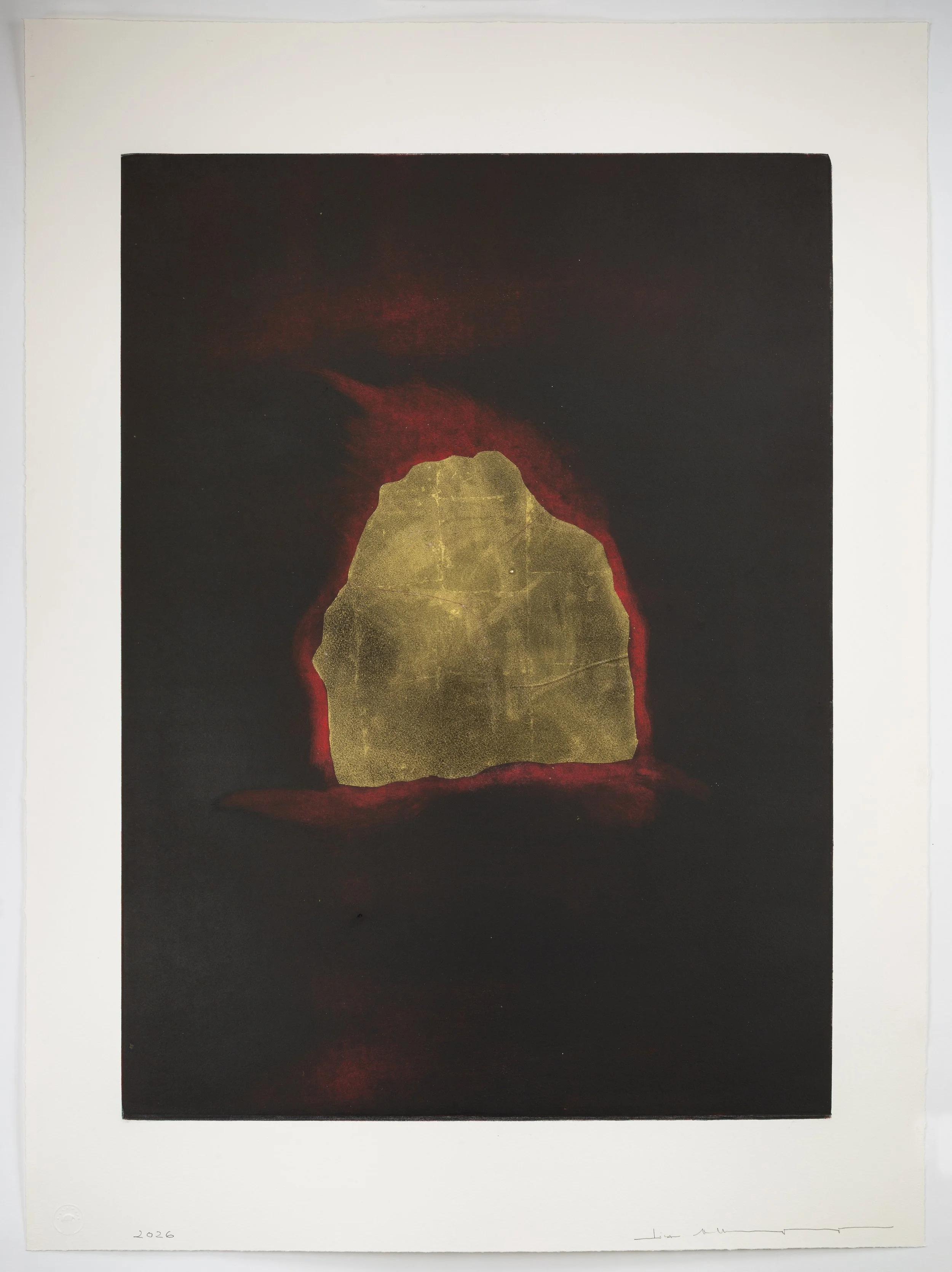 Cosmic Levitation 4, 2026  
Monotype from a steel matrix with 24-karat gold leaf and pigment on paper  
28 x 38 in. (71.1 x 96.5 cm)  
1 of 1  
Published by Farrington Press  
$9,000  