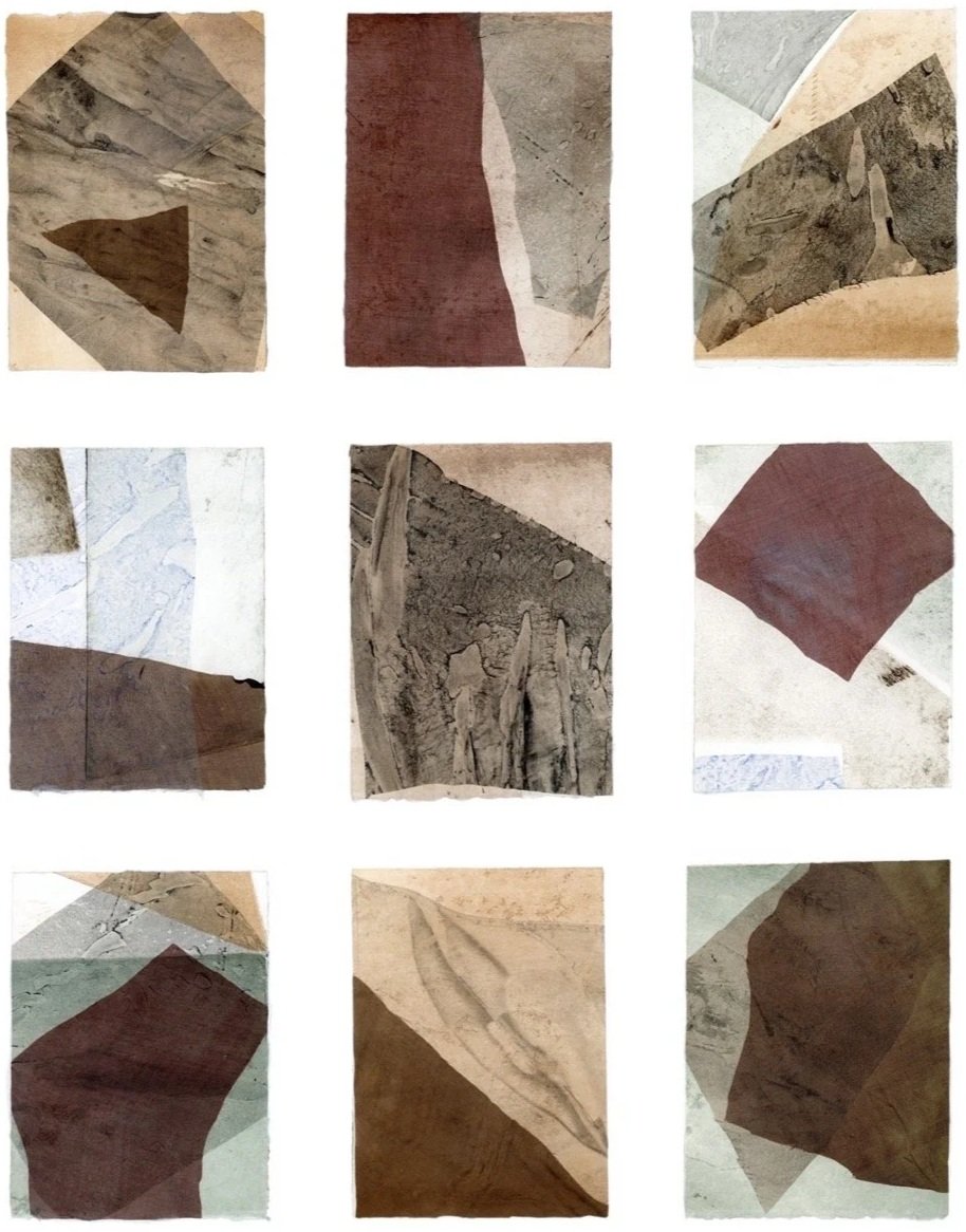 Martha Tuttle
Little Flowers (III), 2024  
Set of nine monoprints with fabric collage   
8 x 6 in (20.3 x 15.2 cm) each sheet   
12 5/8 x 10 1/2 in (32.1 x 26.7 cm) each frame   
Co-published by Farrington Press and Josh Pazda Hiram Butler