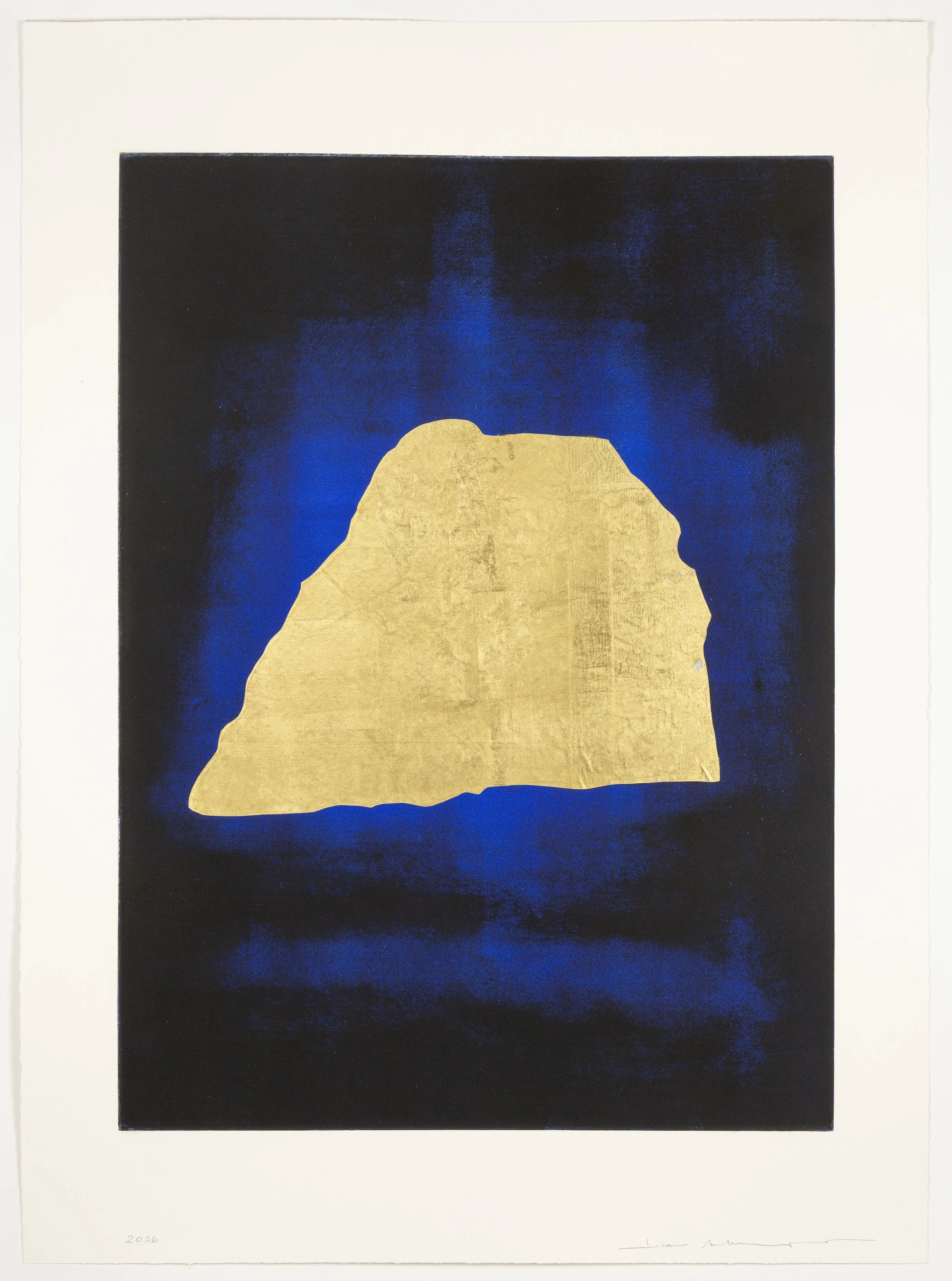 Cosmic Levitation 5, 2026  
Monotype from a steel matrix with 24-karat gold leaf and pigment on paper  
28 x 38 in. (71.1 x 96.5 cm)  
1 of 1  
Published by Farrington Press  
$9,000  