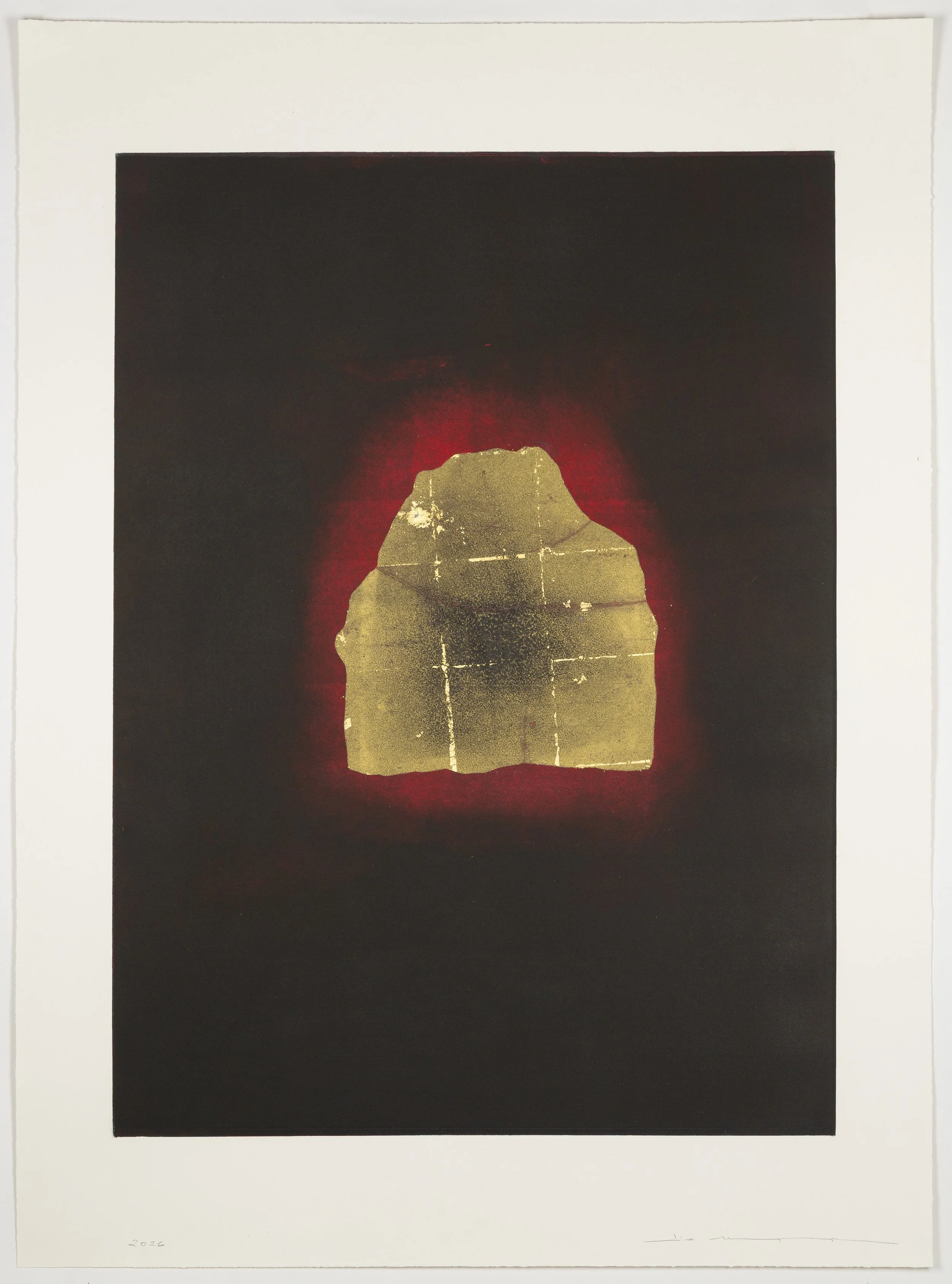 Cosmic Levitation 1, 2026  
Monotype from a steel matrix with 24-karat gold leaf and pigment on paper  
28 x 38 in. (71.1 x 96.5 cm)  
1 of 1  
Published by Farrington Press  
$9,000  