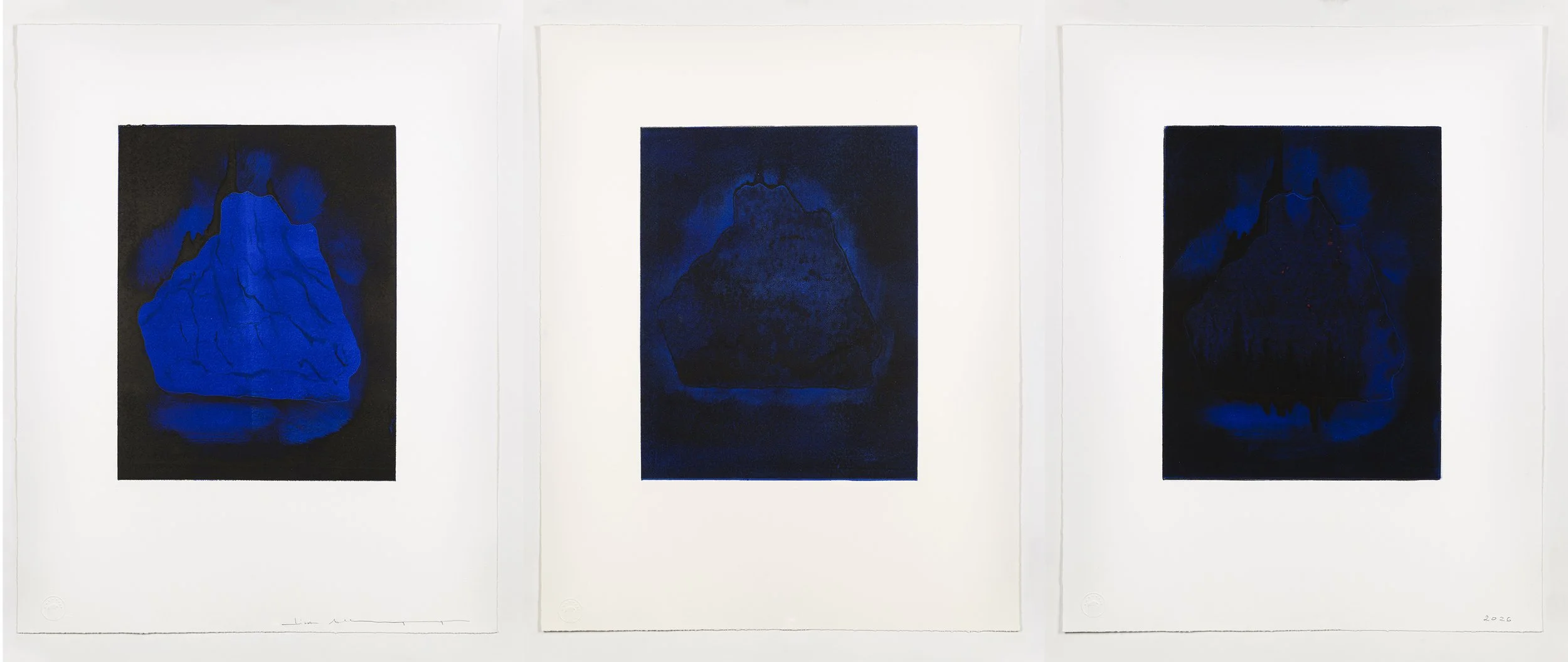 Cosmic Levitation - Retrieval, 2026  
Monotype triptych with 24-karat gold leaf and pigment on paper  
Image size: 11 x 14 in. (27.9 x 35.6 cm) each sheet  
Paper size: 19 x 24 in. (48.3 x 61 cm) each sheet  
1 of 1  
Published by Farrington Press  
