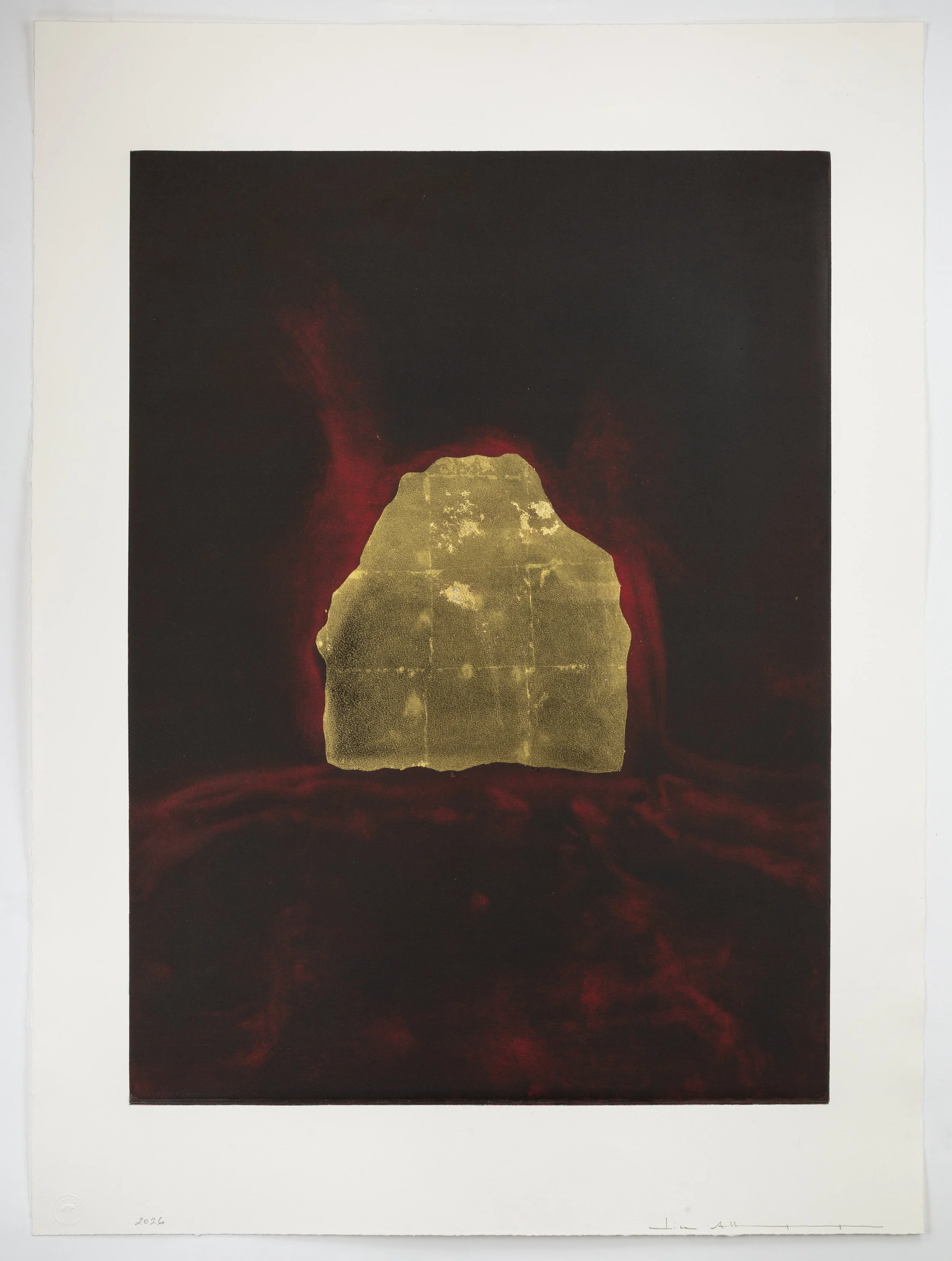 Cosmic Levitation 6, 2026  
Monotype from a steel matrix with 24-karat gold leaf and pigment on paper  
28 x 38 in. (71.1 x 96.5 cm)  
1 of 1  
Published by Farrington Press 
$9,000