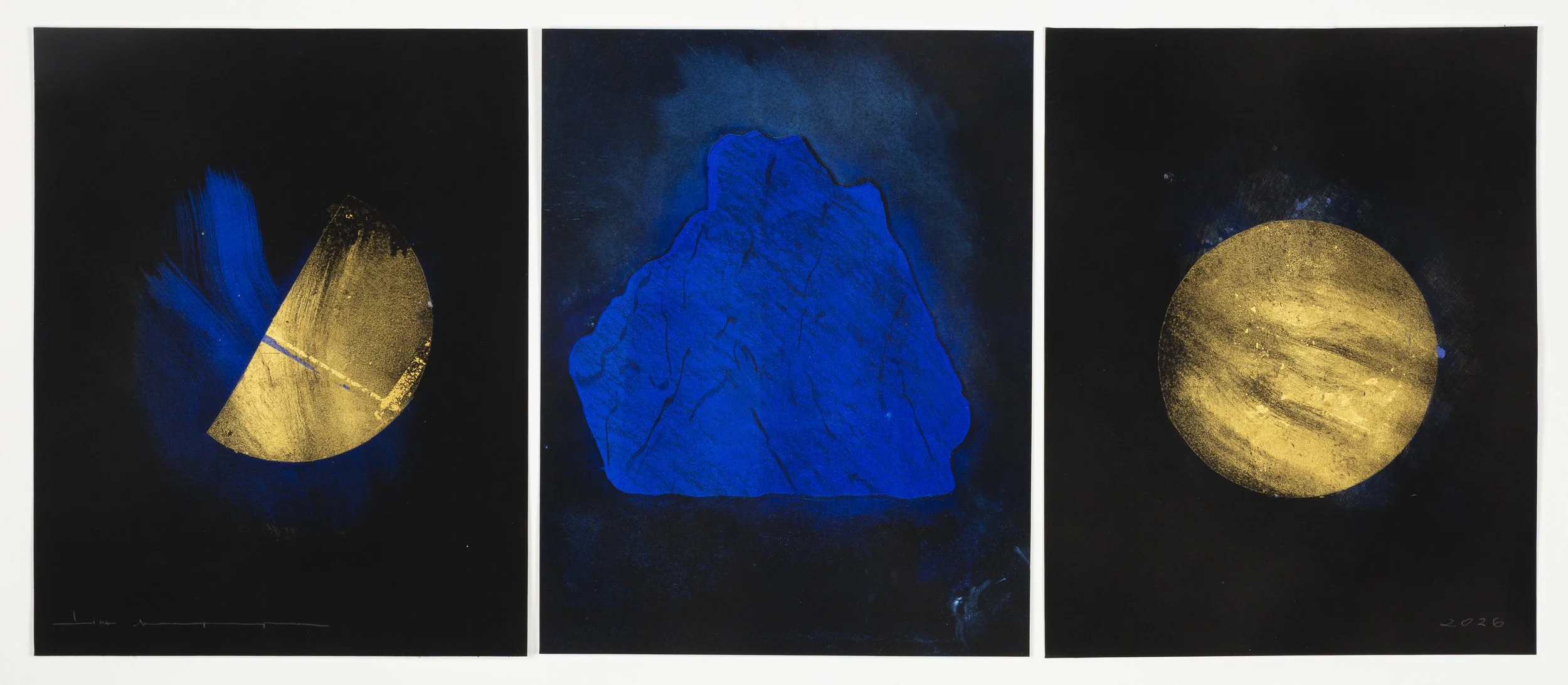 Cosmic Levitation - Apprehended, 2026  
Monotype triptych with 24-karat gold leaf and pigment on paper  
10 7/8 x 13 7/8 in. (27.6 x 35.2 cm) each sheet  
1 of 1  
Published by Farrington Press  
$5,000
