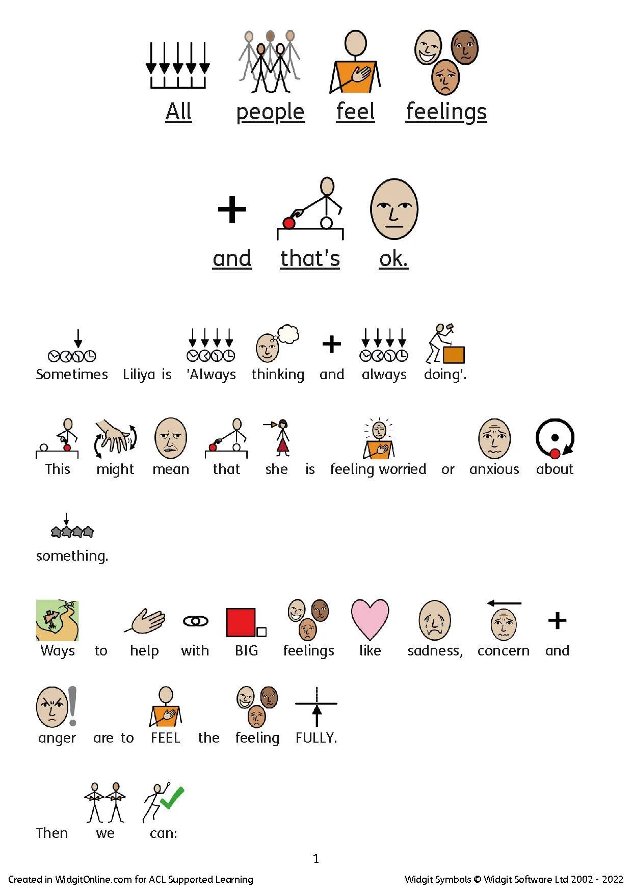 A visual message with symbols explaining that all people feel feelings, and sometimes, Lilija is always thinking and always doing. It discusses how someone might feel worried or anxious about something, and offers ways to help with big feelings like loneliness, sadness, and concern. The message emphasizes that feelings can be fully felt.