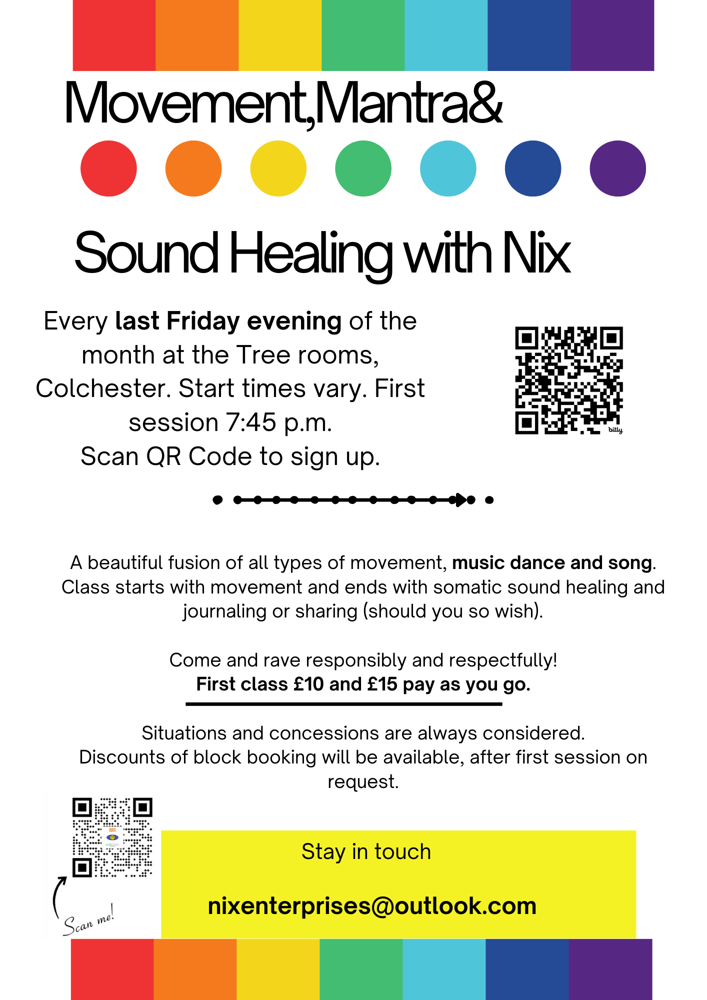 Event flyer for Sound Healing with Nix at the Tree Rooms in Colchester, held every last Friday of the month, starting at 7:45 p.m., with a QR code for sign up and contact email nixonterprises@outlook.com, with a rainbow-colored border and circles.