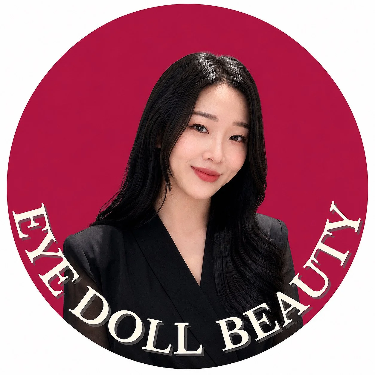 A woman with long black hair, wearing a black blazer, smiling, with a red circular background and white text that reads 'EYE DOLL BEAUTY'.