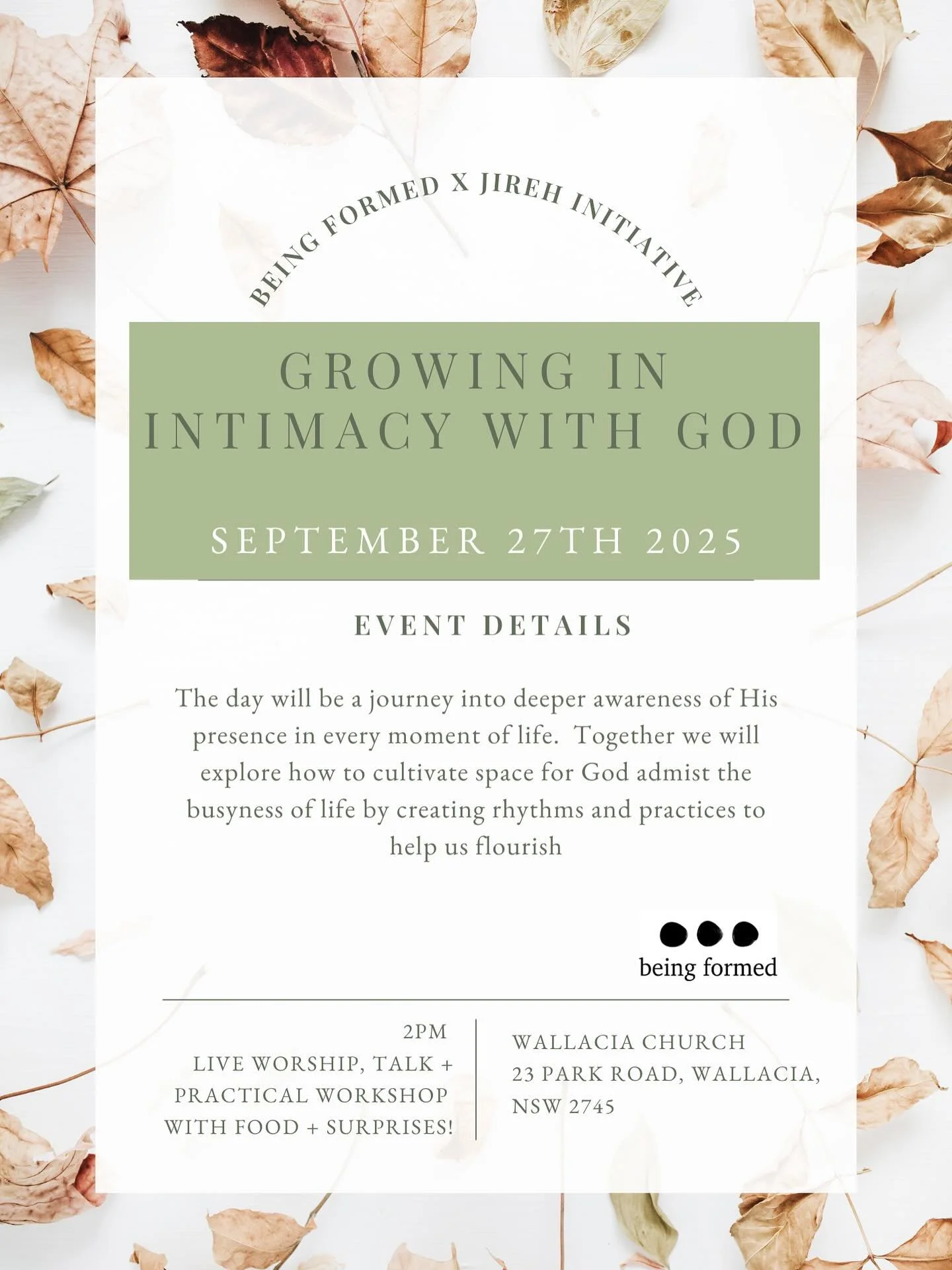 This Saturday!! Being formed will be with @jireh_initiative as we discover the depth of Our Heavenly Father&rsquo;s love for you.  Come along, @mishkoh will be speaking and @nate_tongy and @eleanorkk will be leading us in worship, together with the j