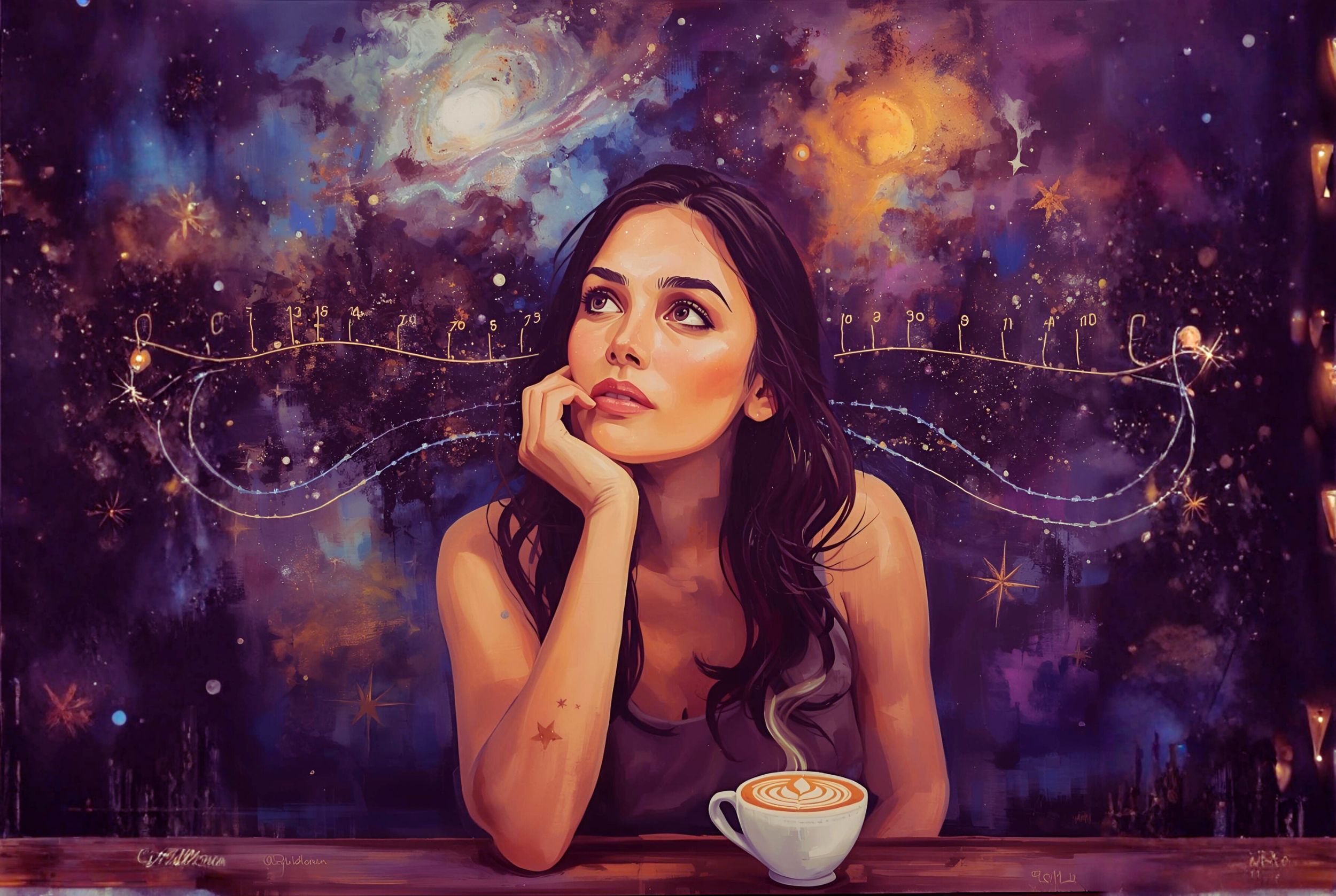Woman reflecting on her love life with a cosmic galactic background, representing self-discovery, relationship clarity, and energetic alignment through a premium 8-week transformation program