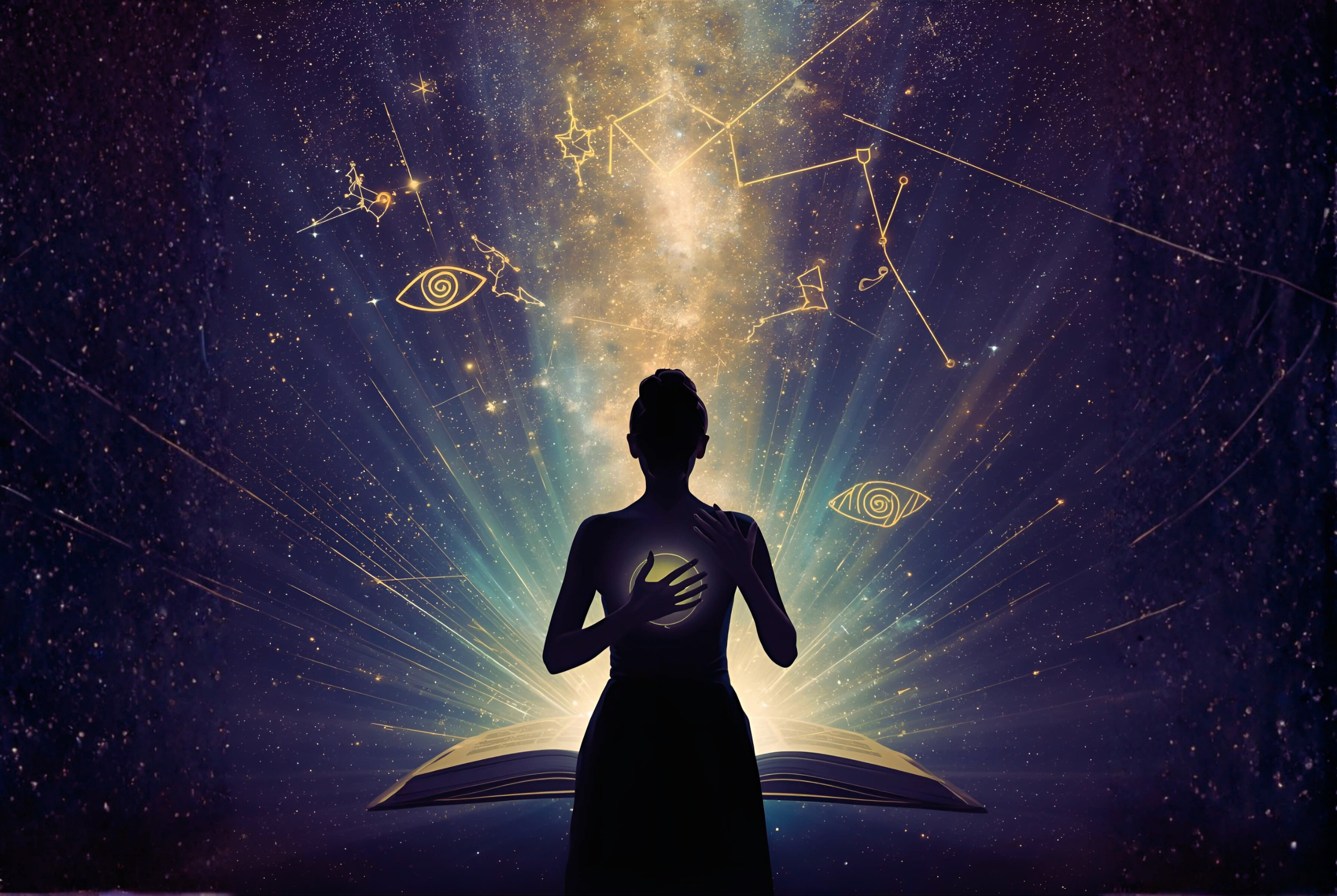 Person awakening their spiritual gifts through the Akashic Records, standing before a galactic library of light and energy — symbolizing soul remembrance and multidimensional wisdom.