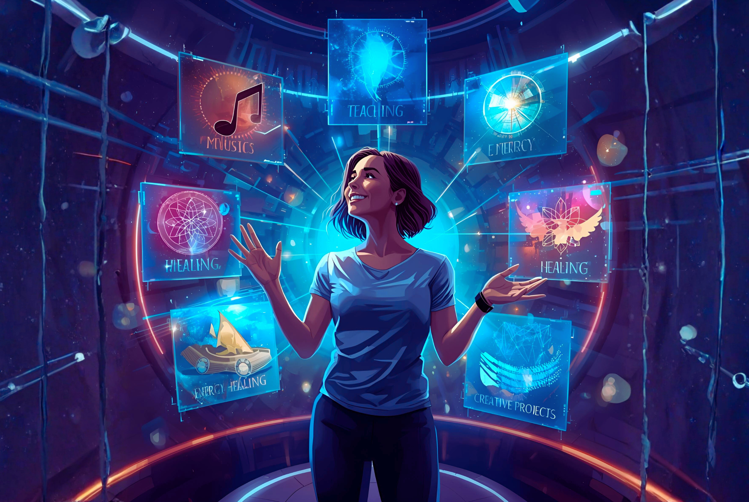 Multi-passionate individual in a futuristic holodeck environment aligning diverse passions into a cohesive calling, inspired by Akashic guidance and soul purpose