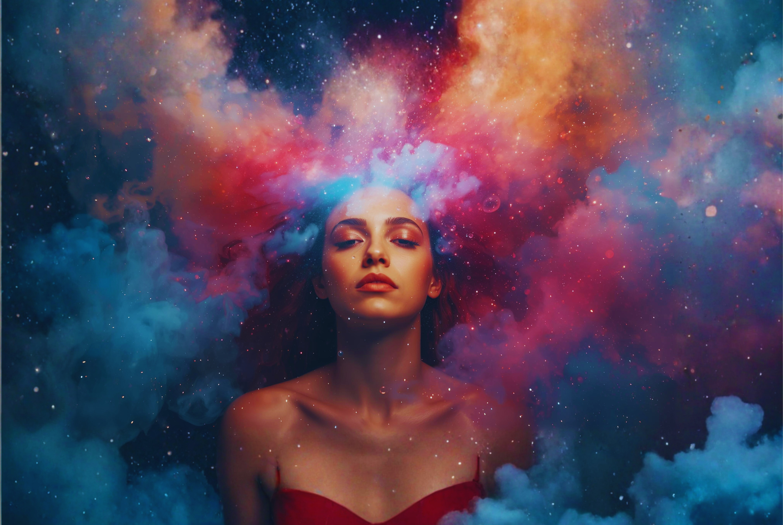 Woman surrounded by a rainbow burst of cosmic clouds, releasing spiritual ego and embracing her highest spiritual self