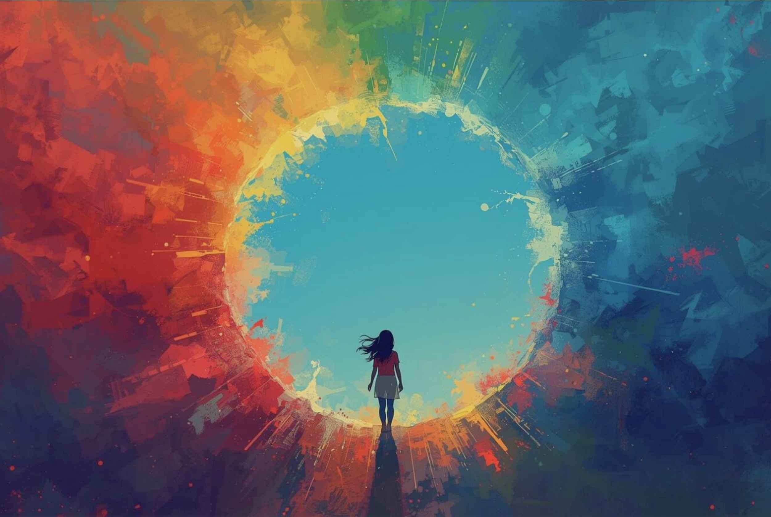 Woman stepping outside a glowing rainbow circle, symbolizing outgrowing friendships, emotional and spiritual growth, conscious relationships, and Akashic Records guidance