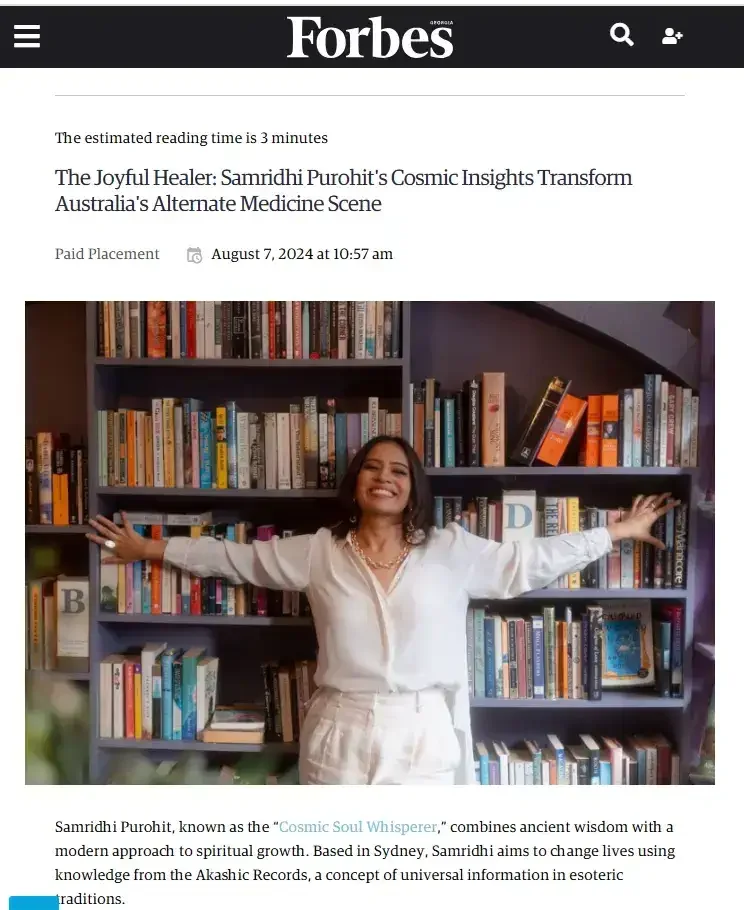 Forbes feature highlighting Samridhi Purohit’s work as a Cosmic Akashic Records mentor and spiritual guide