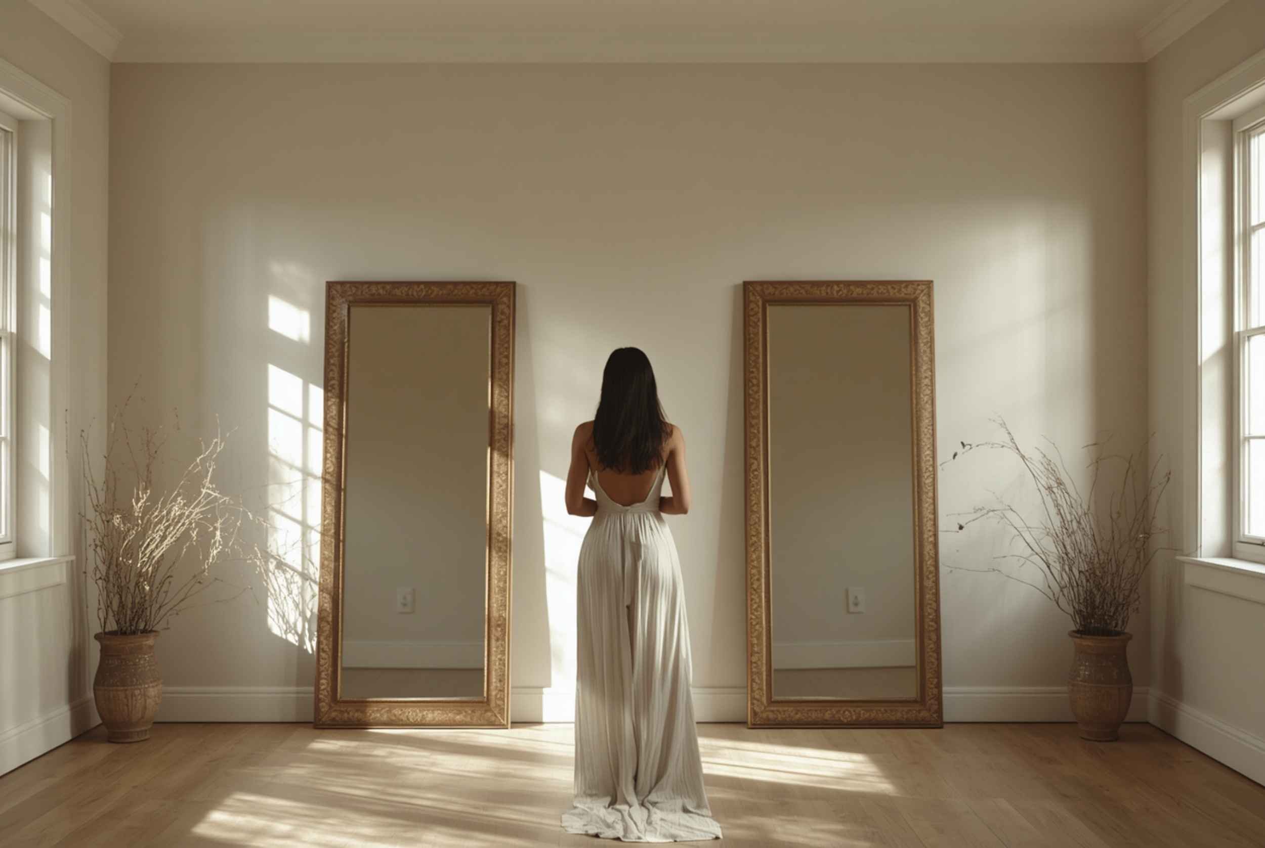 Woman standing in a sunlit home after removing mirrors, symbolising release of hyperindependence and a new season of connection and joy through Akashic Records Reading