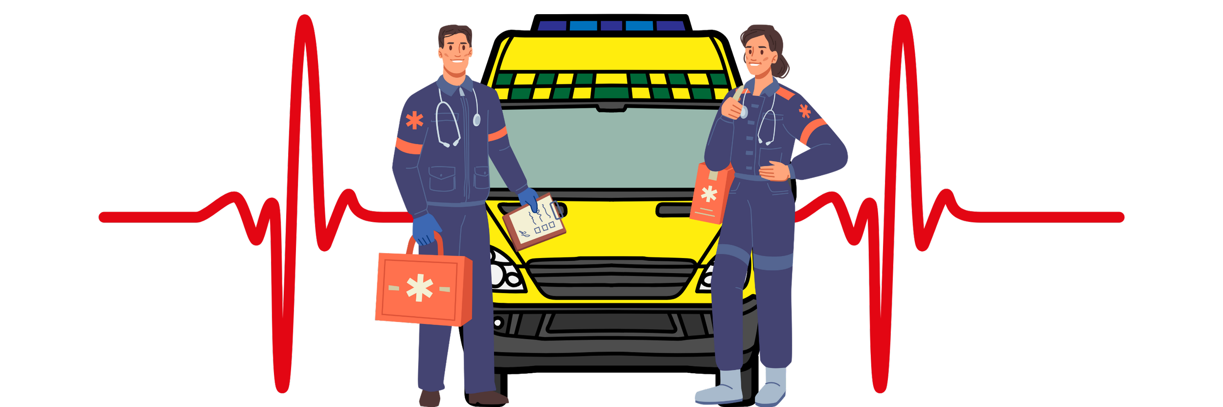 Two emergency medical responders in uniform standing in front of a yellow ambulance with a red heart rate line in the background. They are smiling and holding medical equipment and bags.