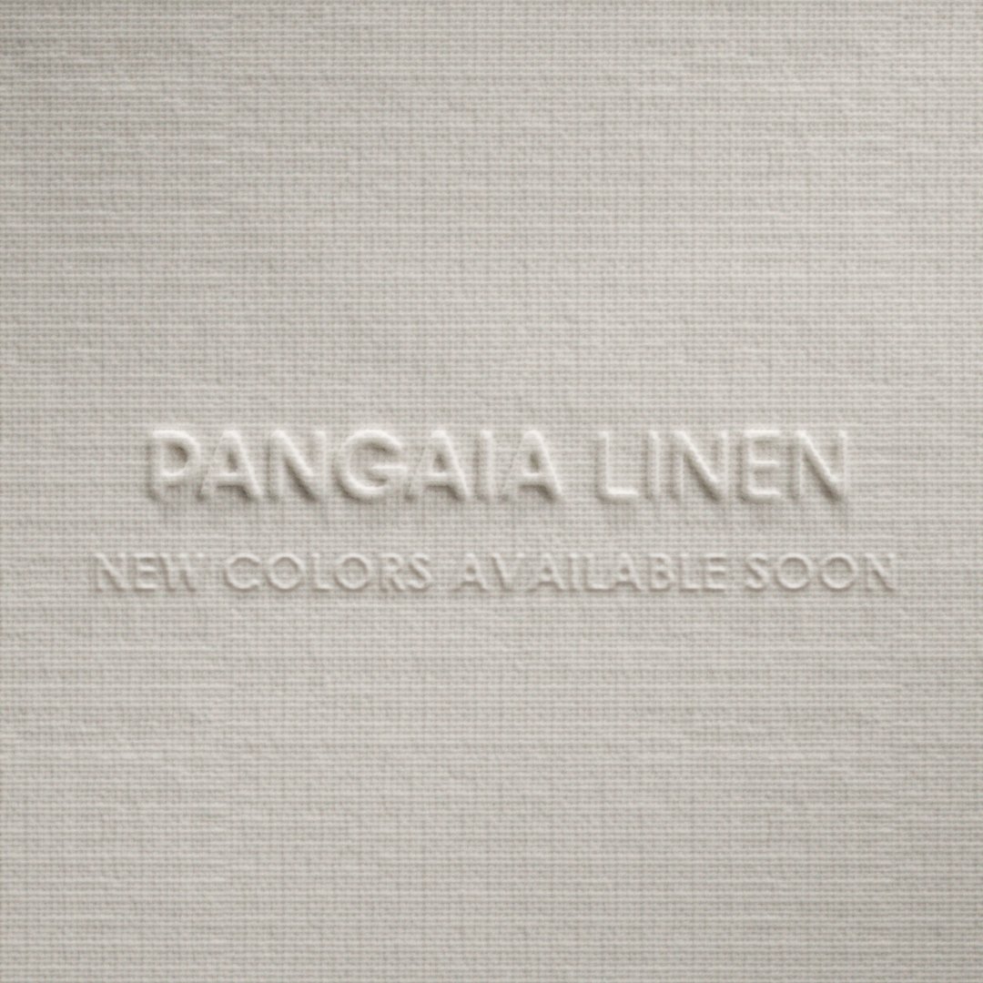 Textured beige background with embossed text "Pangaia Linen New Colors Available Soon.”