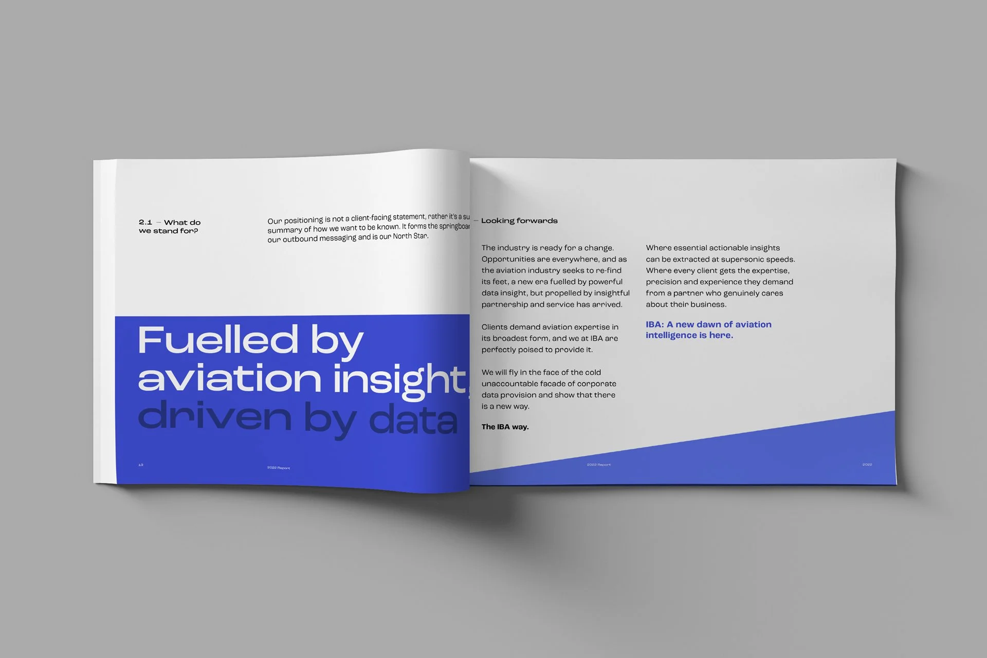 Open magazine spread featuring the text "Fuelled by aviation insight, driven by data" on a blue background on the left page, and white and blue text about aviation industry insights on the right page.