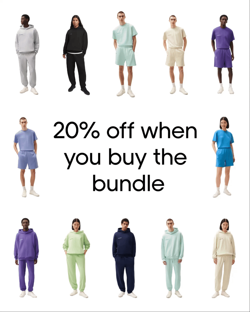 Diverse models wearing colorful casual outfits including sweatshirts, hoodies, shorts, and joggers against a white background. Center text reads '20% off when you buy the bundle.'