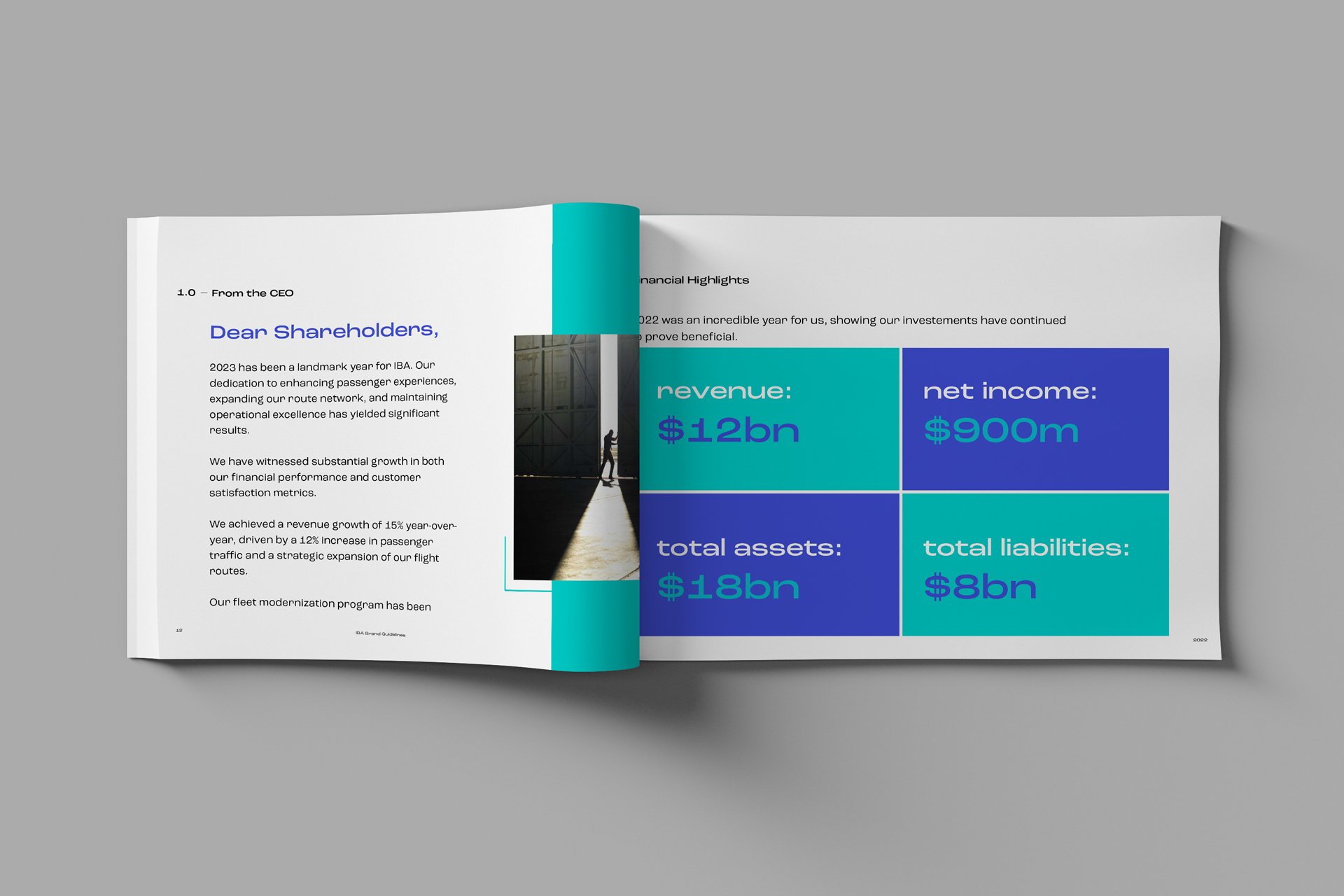 Open magazine layout featuring a letter from the CEO and financial highlights. The left page has text addressed to shareholders with a small photo of a person in a sunlit doorway. The right page displays charts with revenue, net income, total assets,