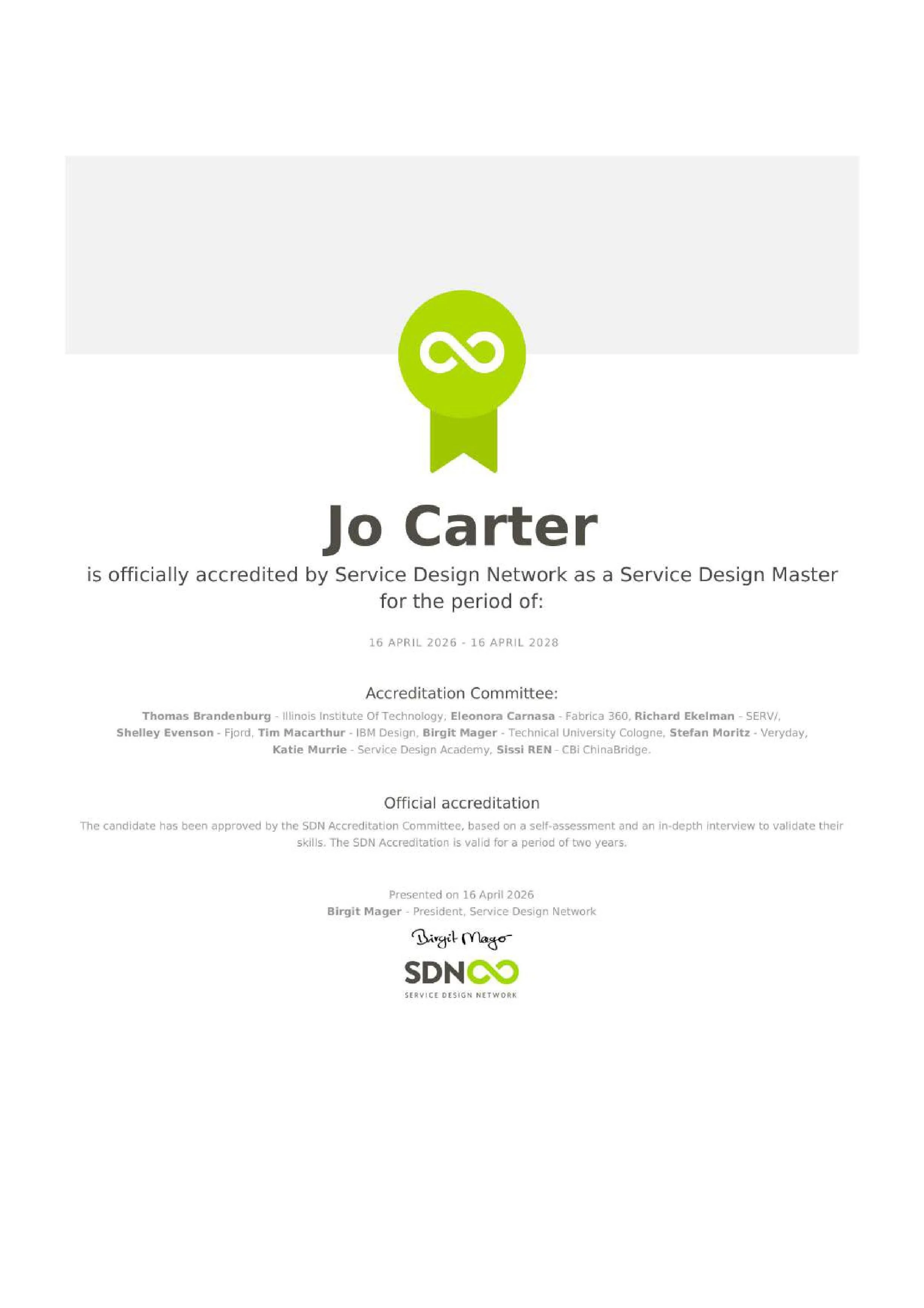 Jo Carter's Accreditation Certificate for Master Service Designer with the Service Design Network April 2026 - April 2028