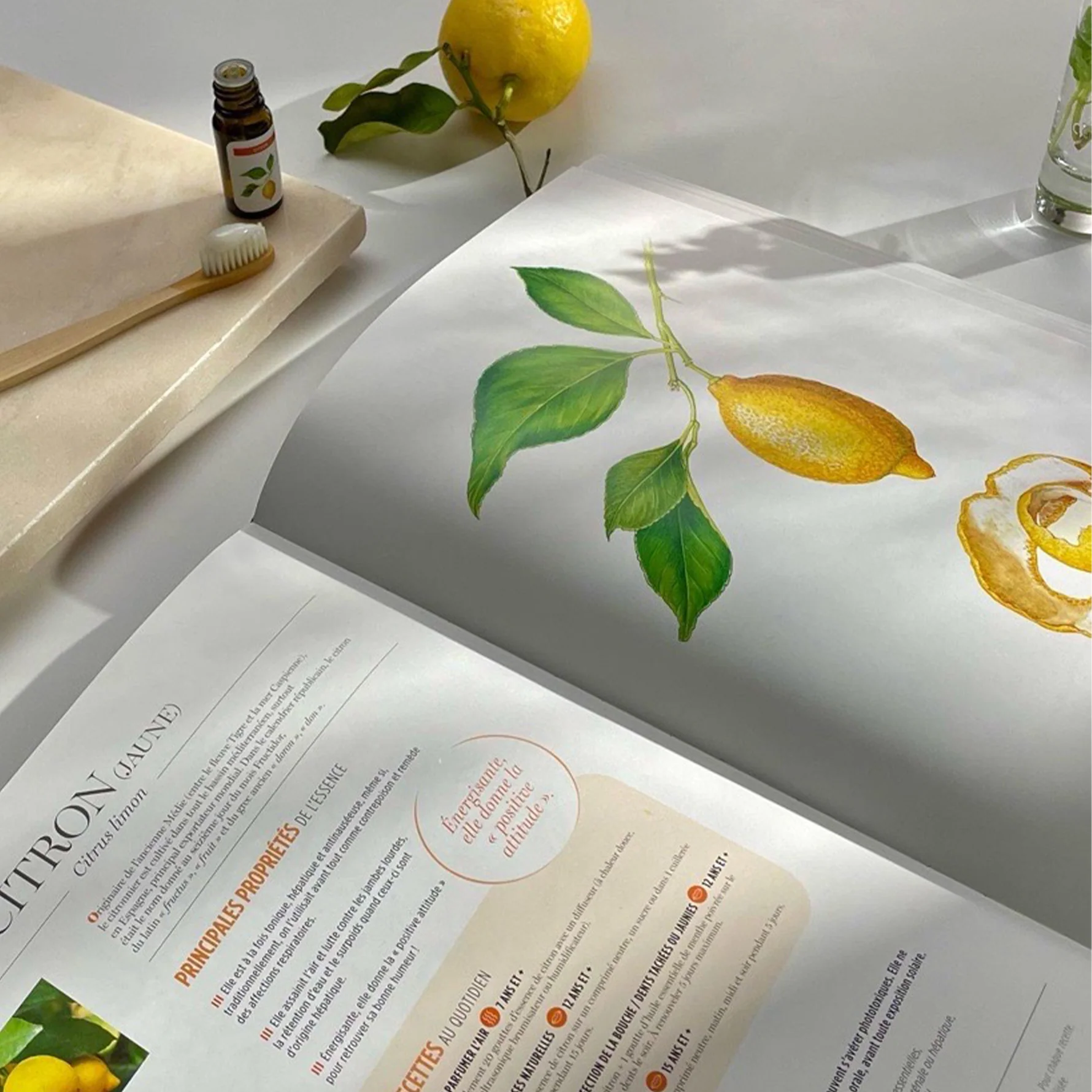 Livre d’aromathérapie avec citron et huile essentielle – Astuce bien-être Sérénisens