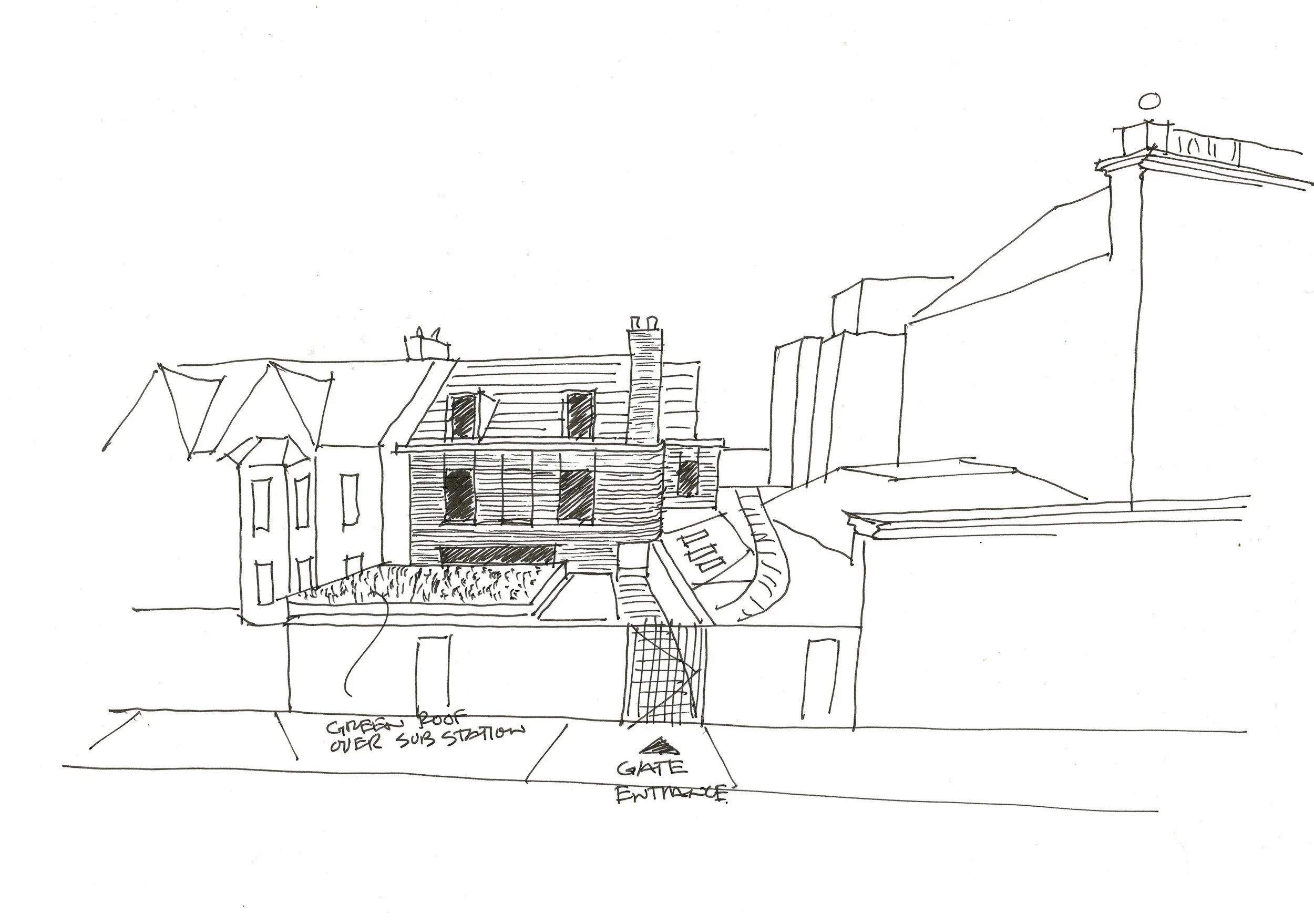 Line drawing of rooftops of buildings, including a modern building with large windows, an older building with a chimney, and a rooftop terrace with a person and railing. There are stairs leading to a gate and entrance with the note 'green roof over sub station'.