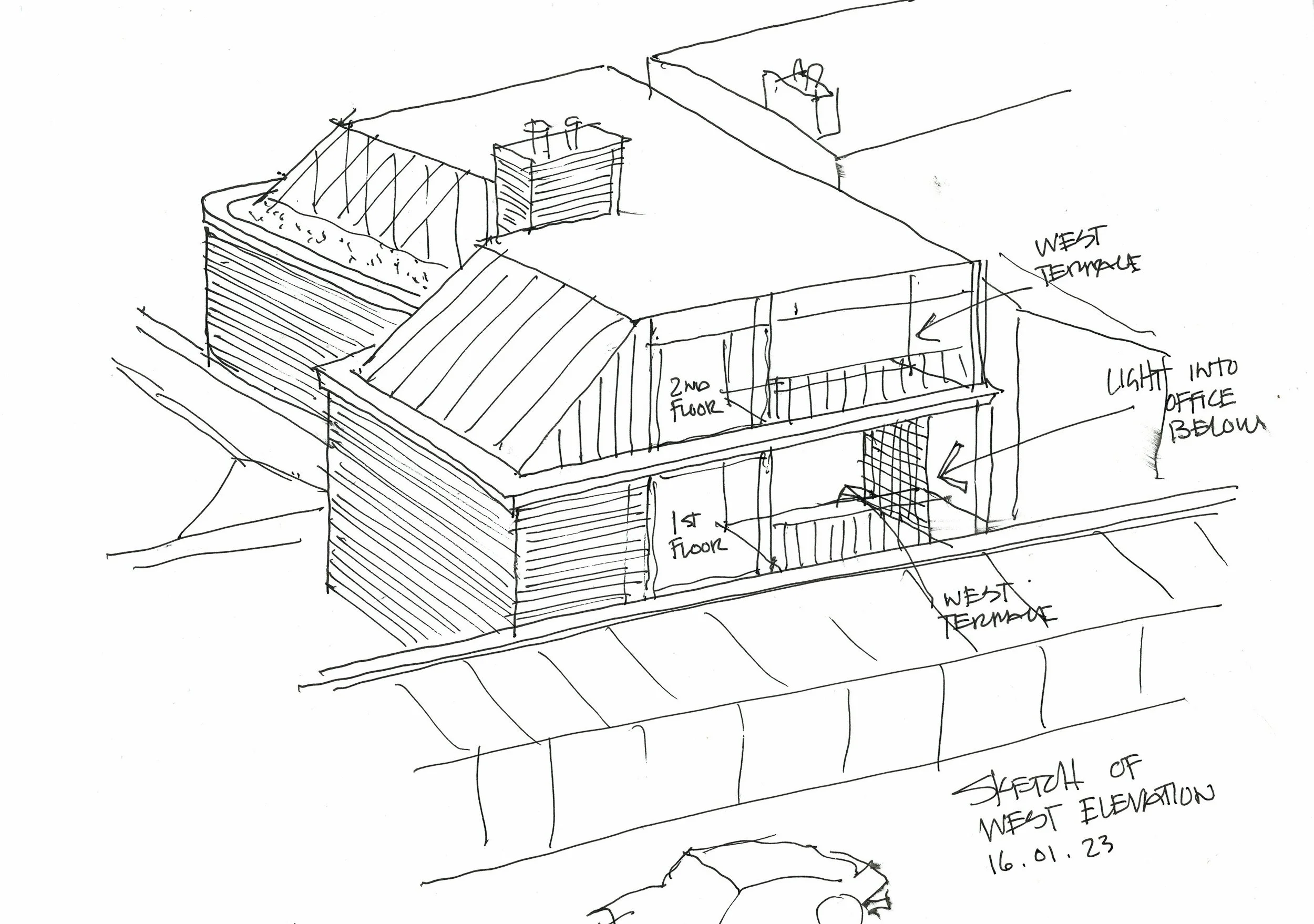 Sketch of a building roof with sections labeled '2nd Floor,' '1st Floor,' and notes indicating 'Light into office below' and 'South elevation.'