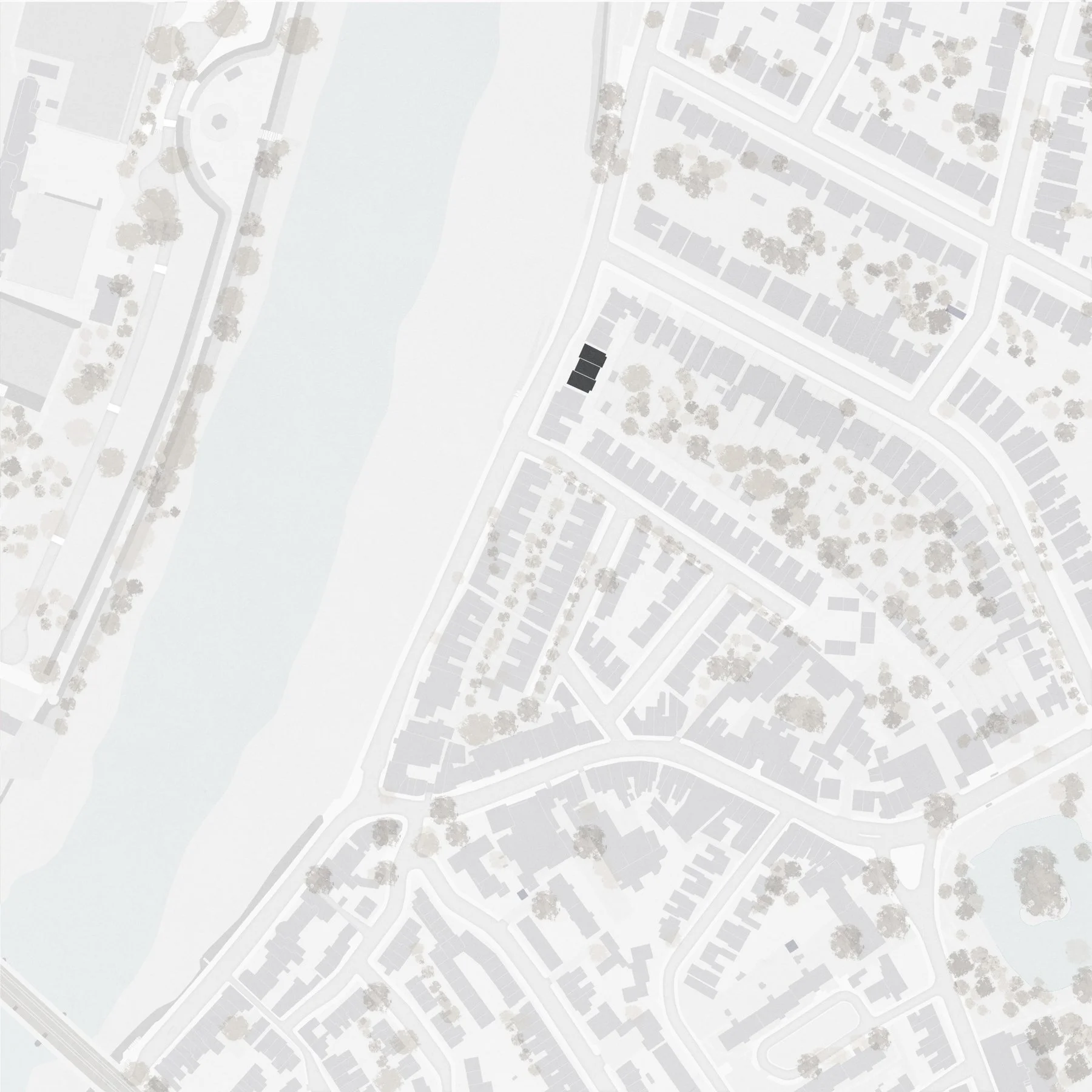 A mostly grayscale map of a neighborhood with streets, houses, trees, a river on the left, and some dark-colored buildings.