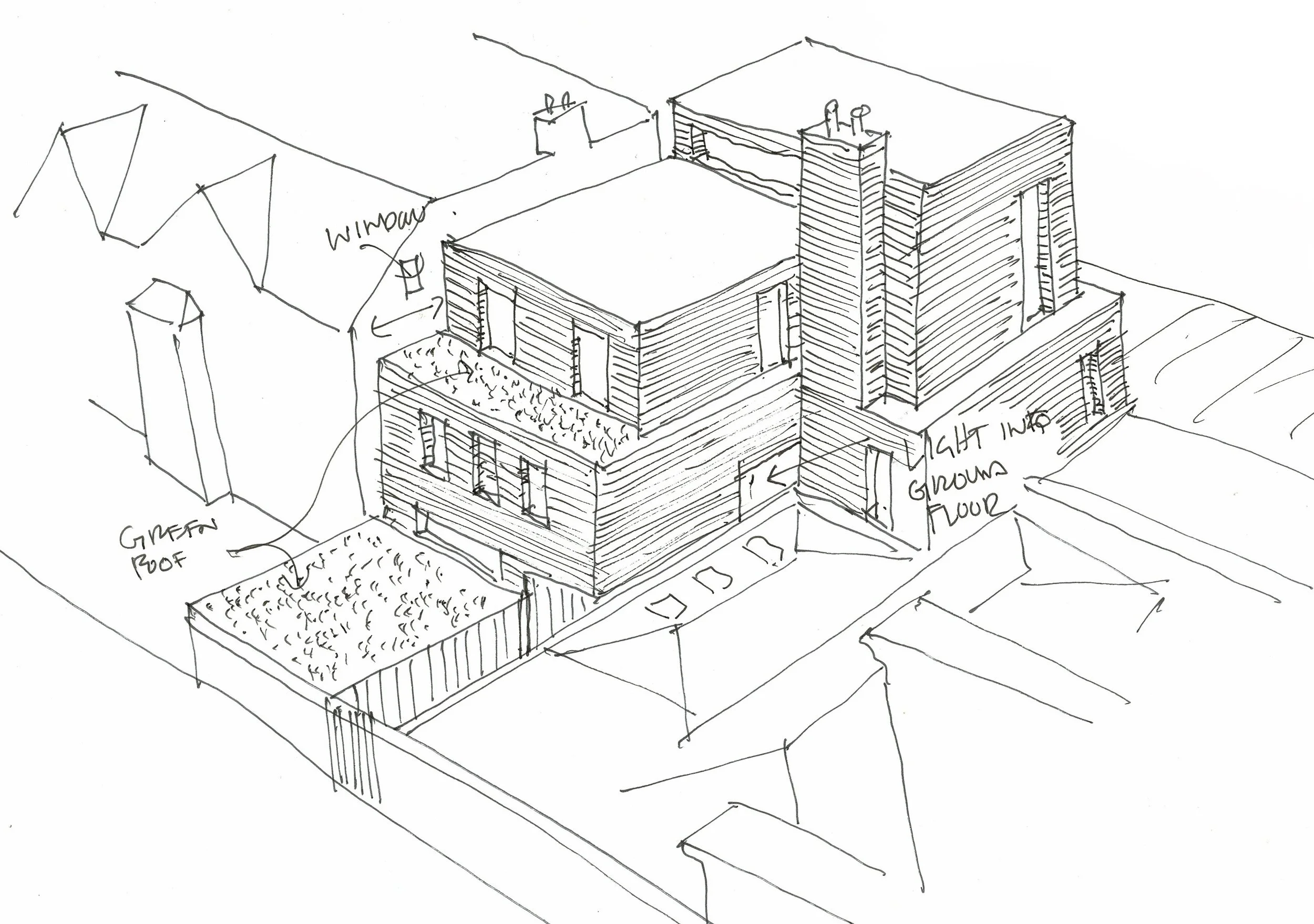 A sketch of a multi-story building with various notes indicating architectural features such as a window, roof, and ground floor, with some handwritten annotations.