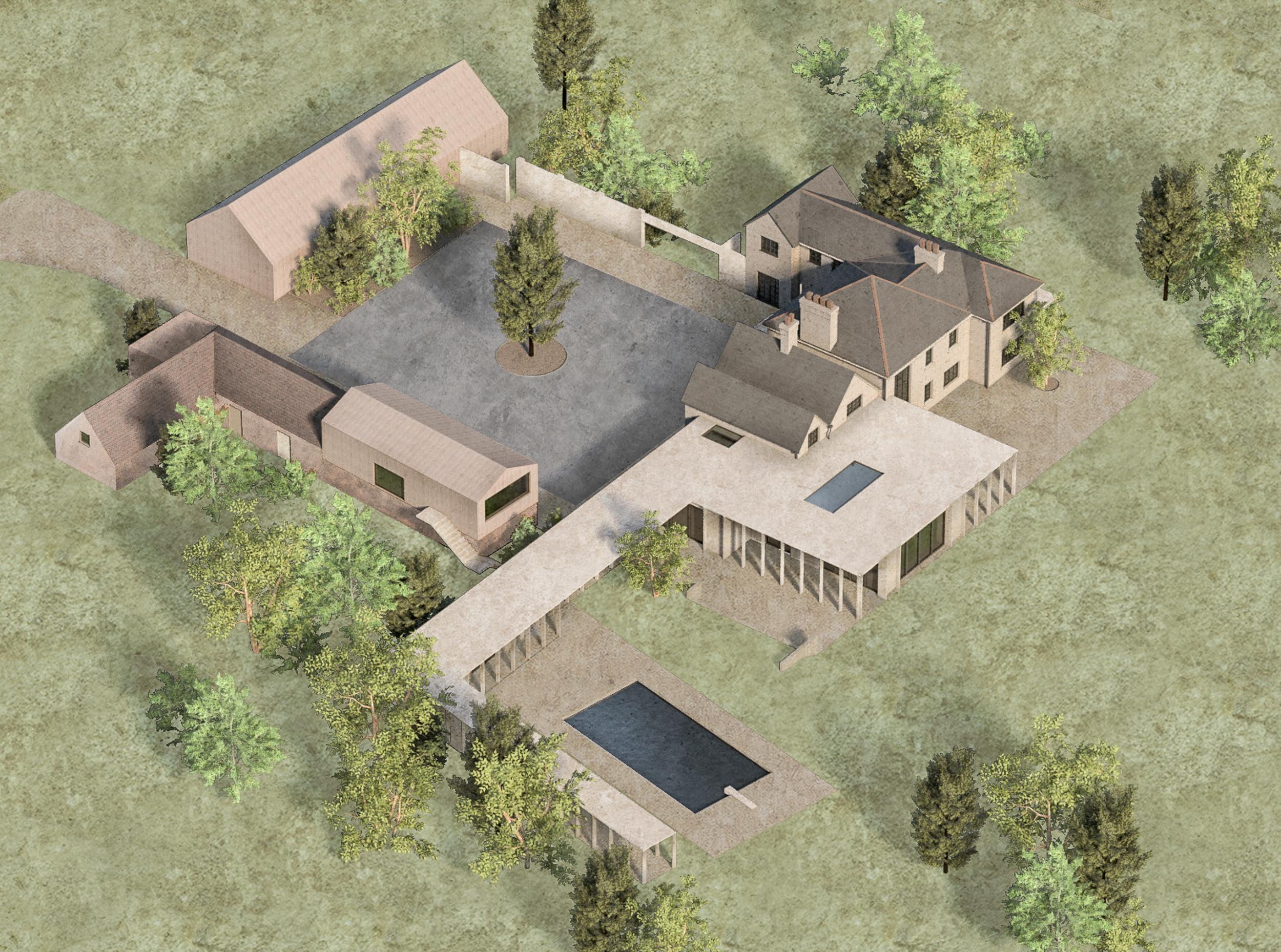 Aerial view of a large house with surrounding trees, a concrete driveway, and other structures in a grassy yard.