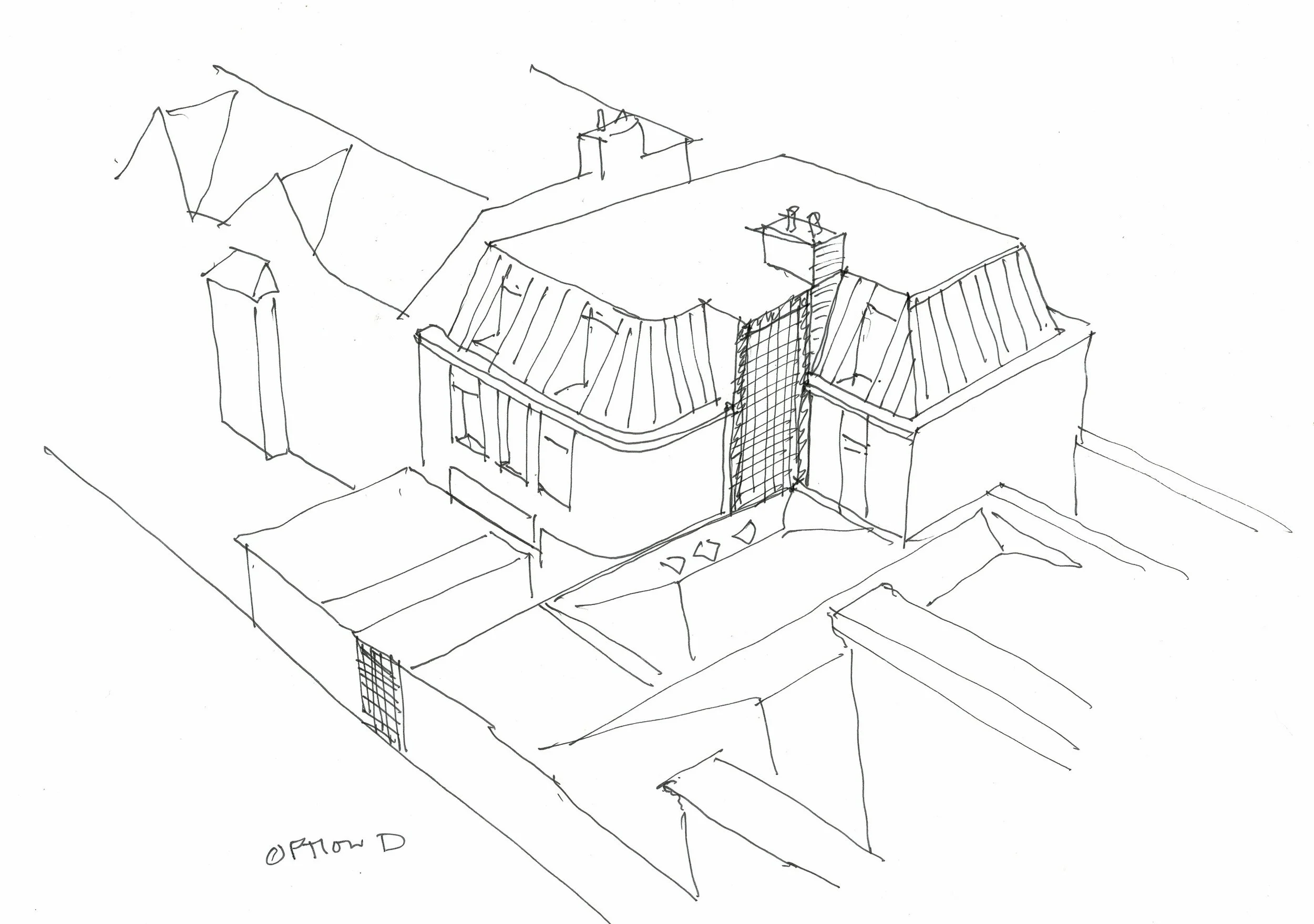 A black-and-white sketch of a house with a distinctive roof and a chimney. The drawing shows an elevated view, possibly of a residential building with a patio or deck area, and some structural details like railings and windows.