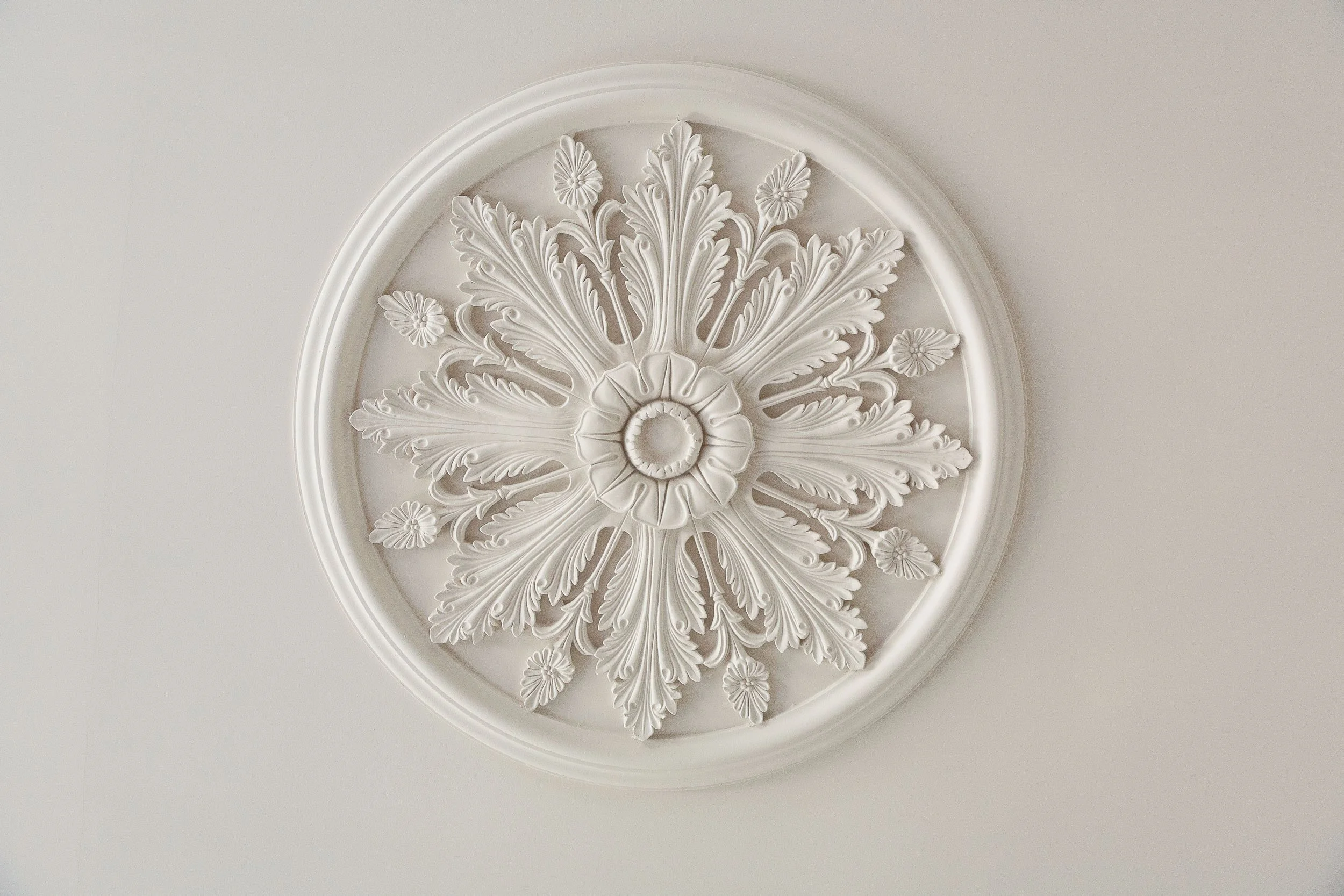 Decorative white ceiling medallion with intricate floral and leaf patterns.