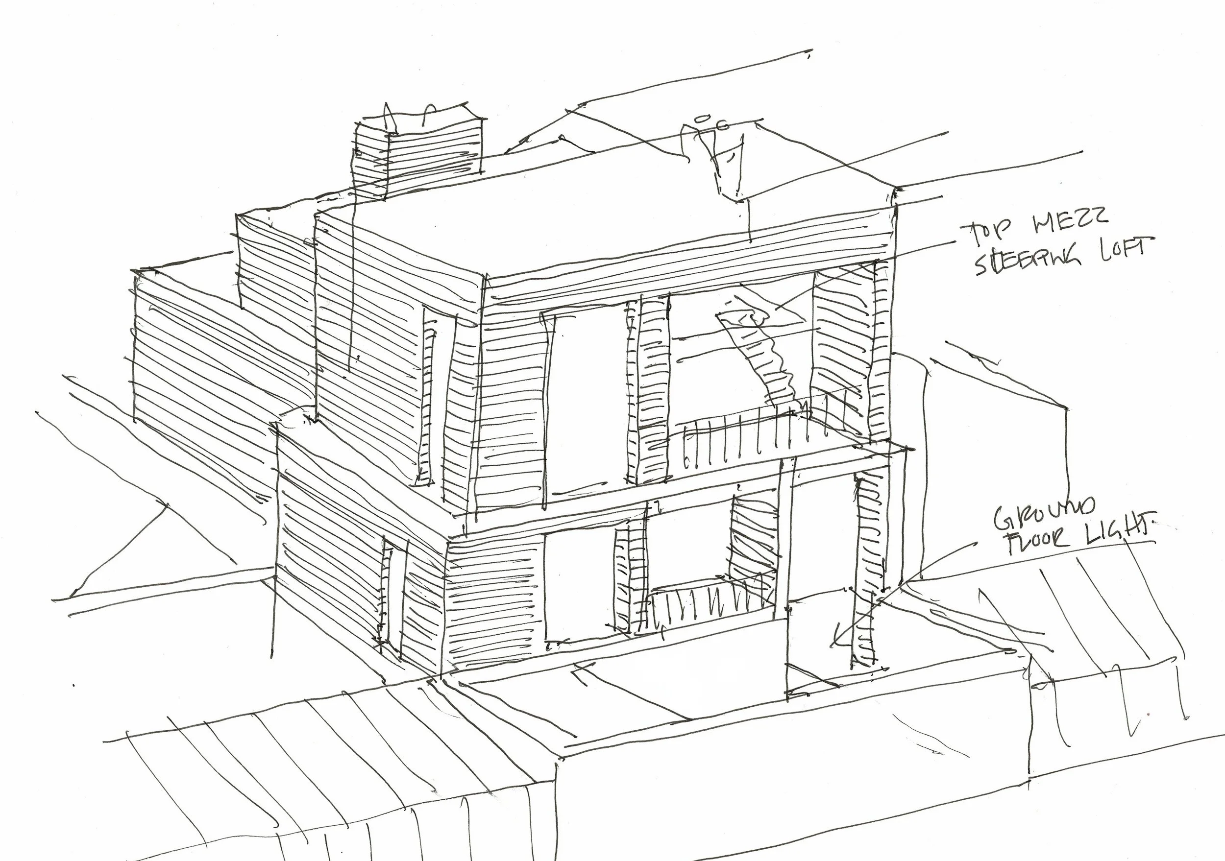 A hand-drawn architectural sketch of a multi-story building, showing details like the top mezzanine, sweeping loft, ground floor lights, and stairs.