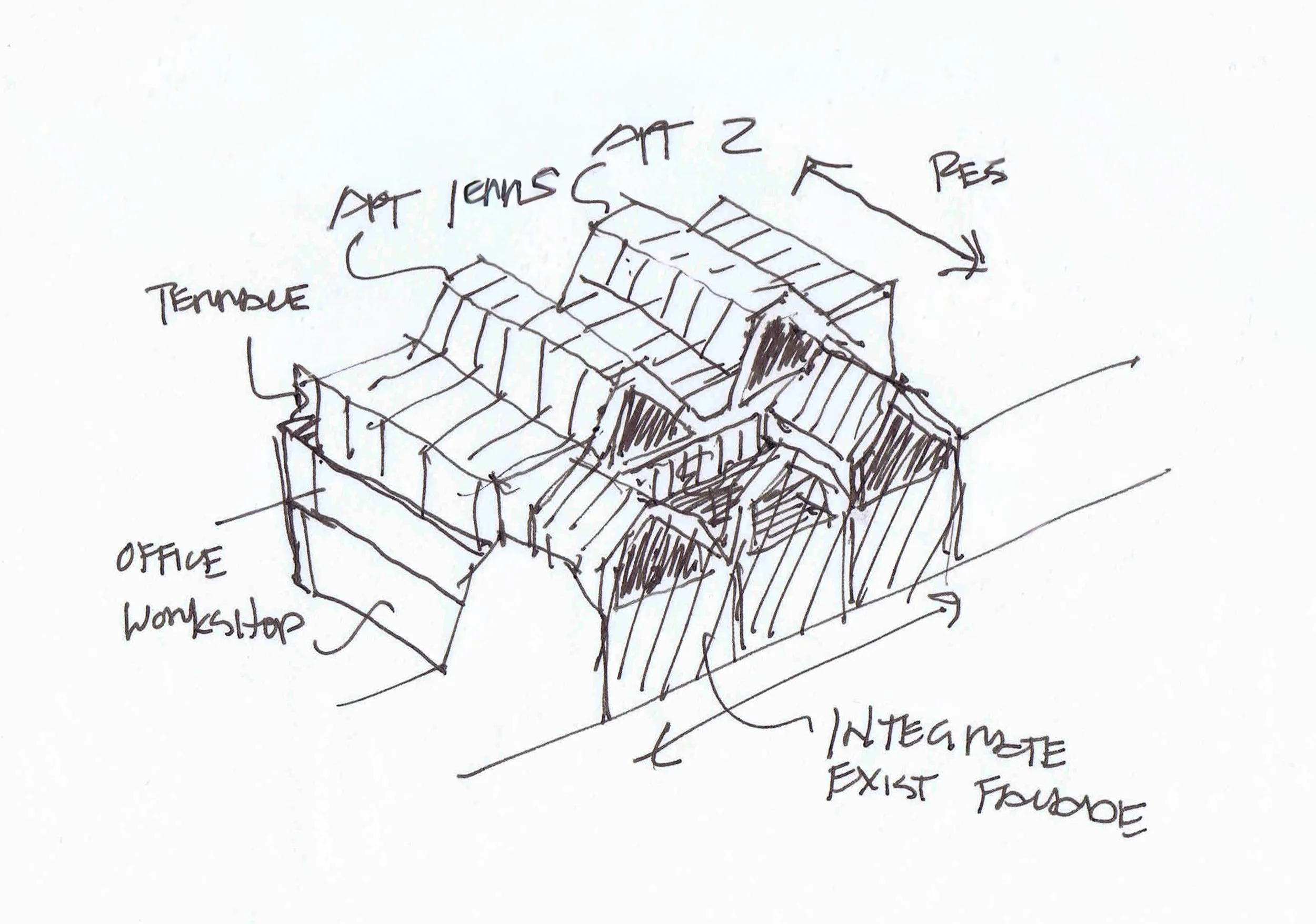 Hand-drawn sketch of a three-dimensional building or structure with labeled sections, including 'Temples,' 'Office,' 'Workshop,' and notes like 'interior existing frame'.