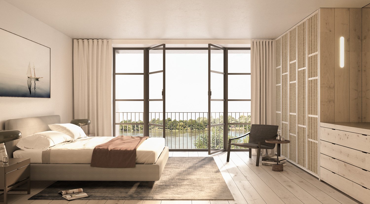 A modern bedroom with a large window overlooking a river and trees, featuring a bed, nightstands, a chair, and a wardrobe.