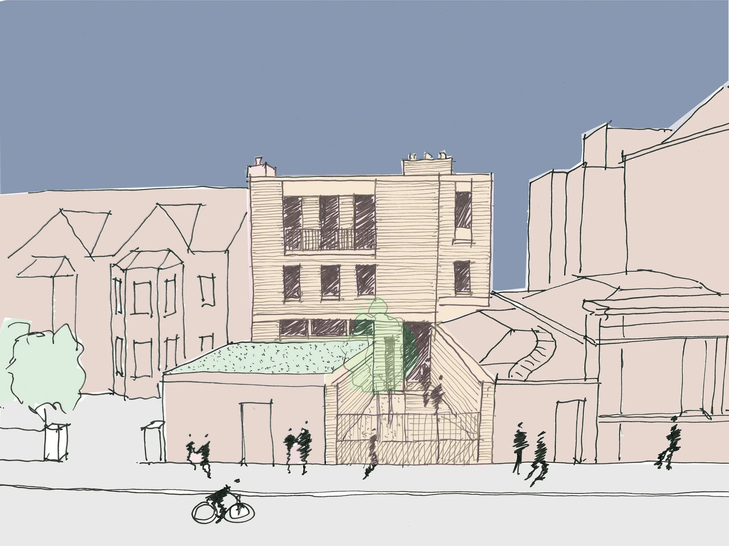 A digitally illustrated cityscape of a modern building with a beige facade, multiple windows, and a rooftop with chimneys. Surrounding structures include rooftops, trees, and a bicycle parked in the foreground, with a clear blue sky overhead.