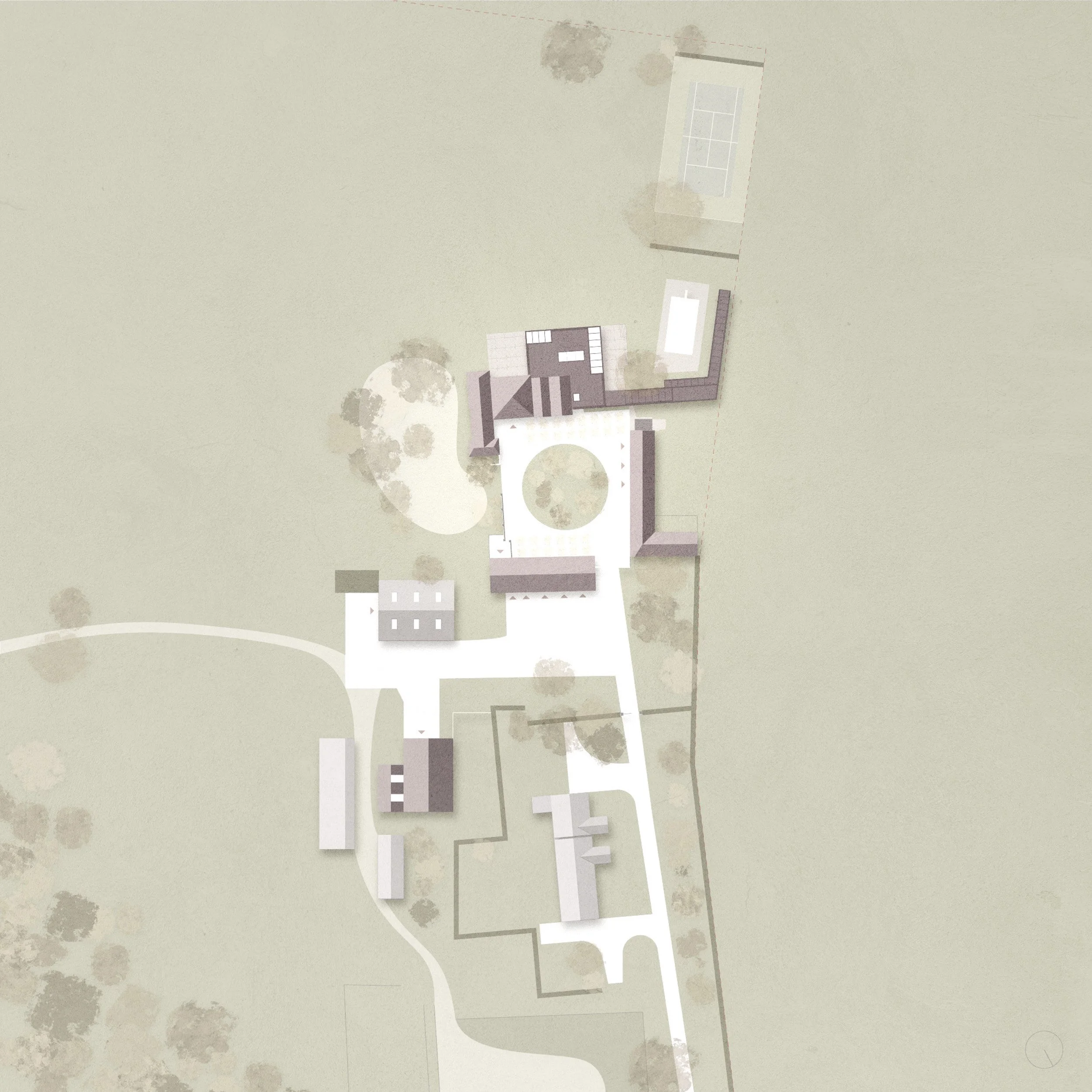 Aerial view of a large estate with multiple buildings, a driveway, trees, a tennis court, and a swimming pool.