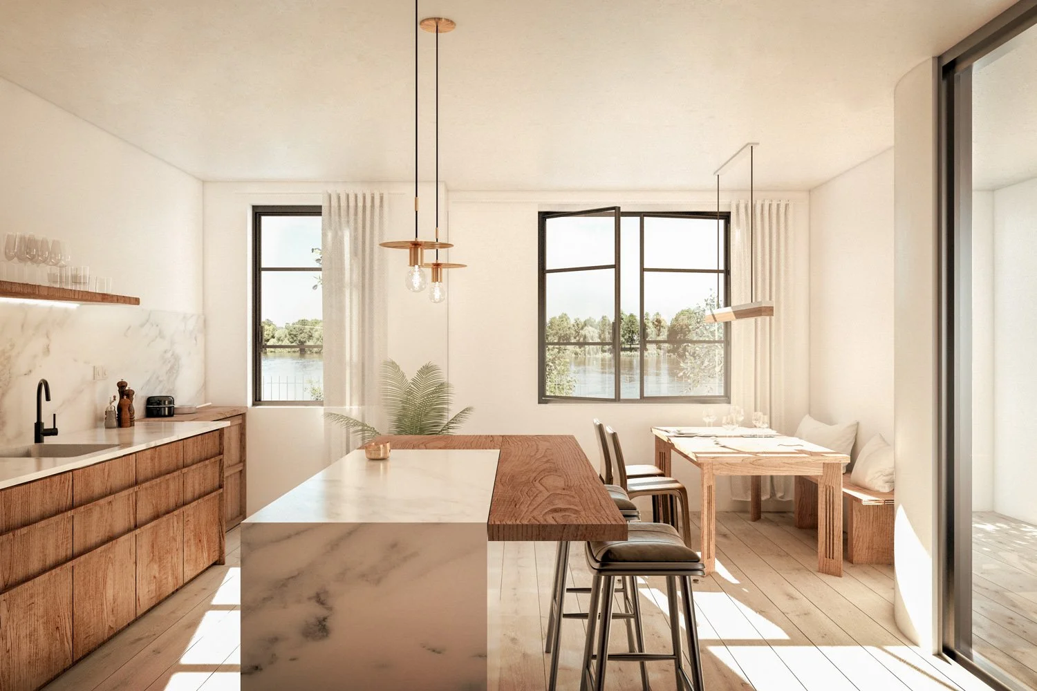 Bright kitchen and dining area with large windows, wooden furniture, and minimalist decor, overlooking a lakeside view.